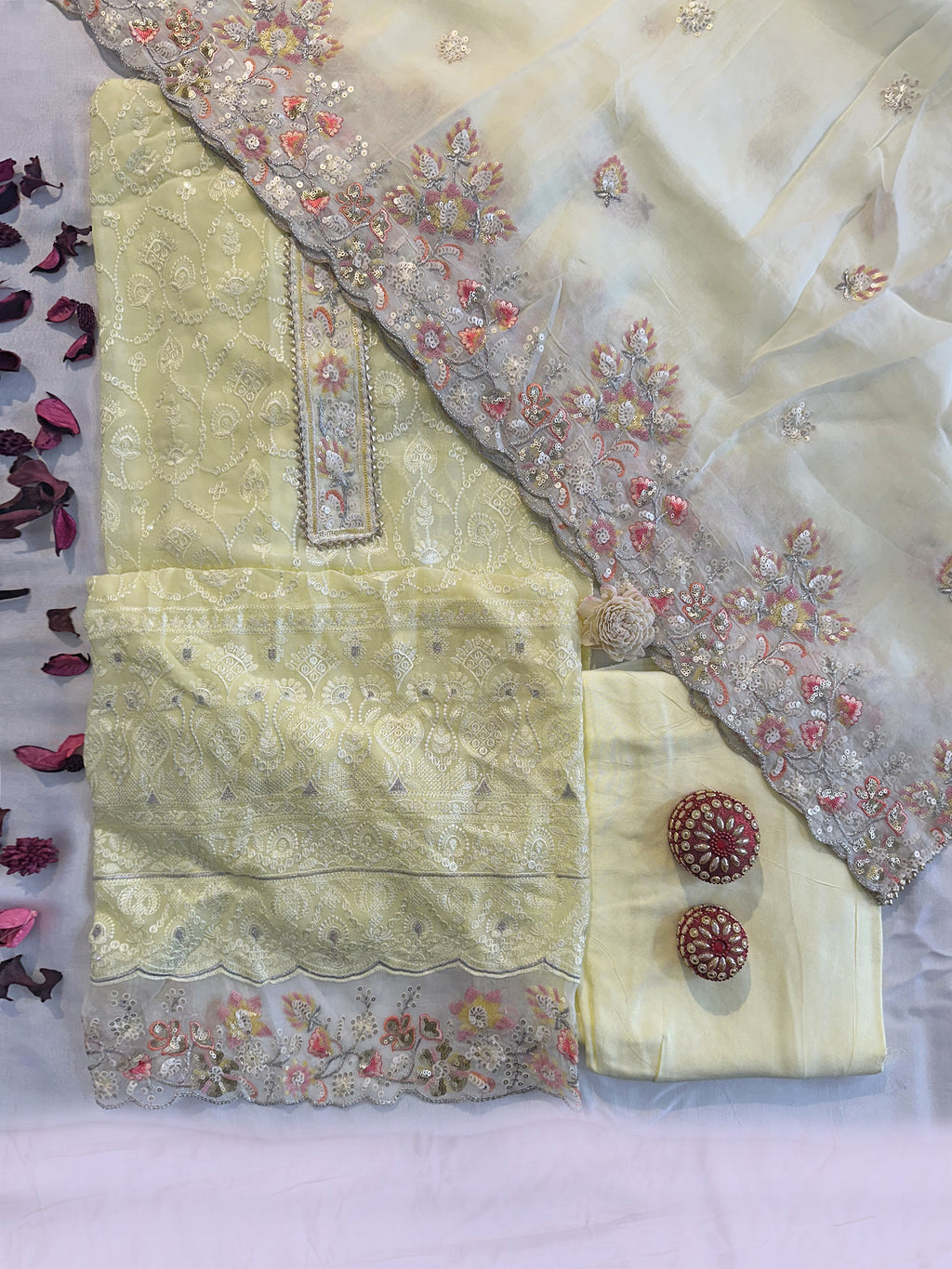 Georgette Fabric Unstitched Suit Set Peach and Lemon Colors