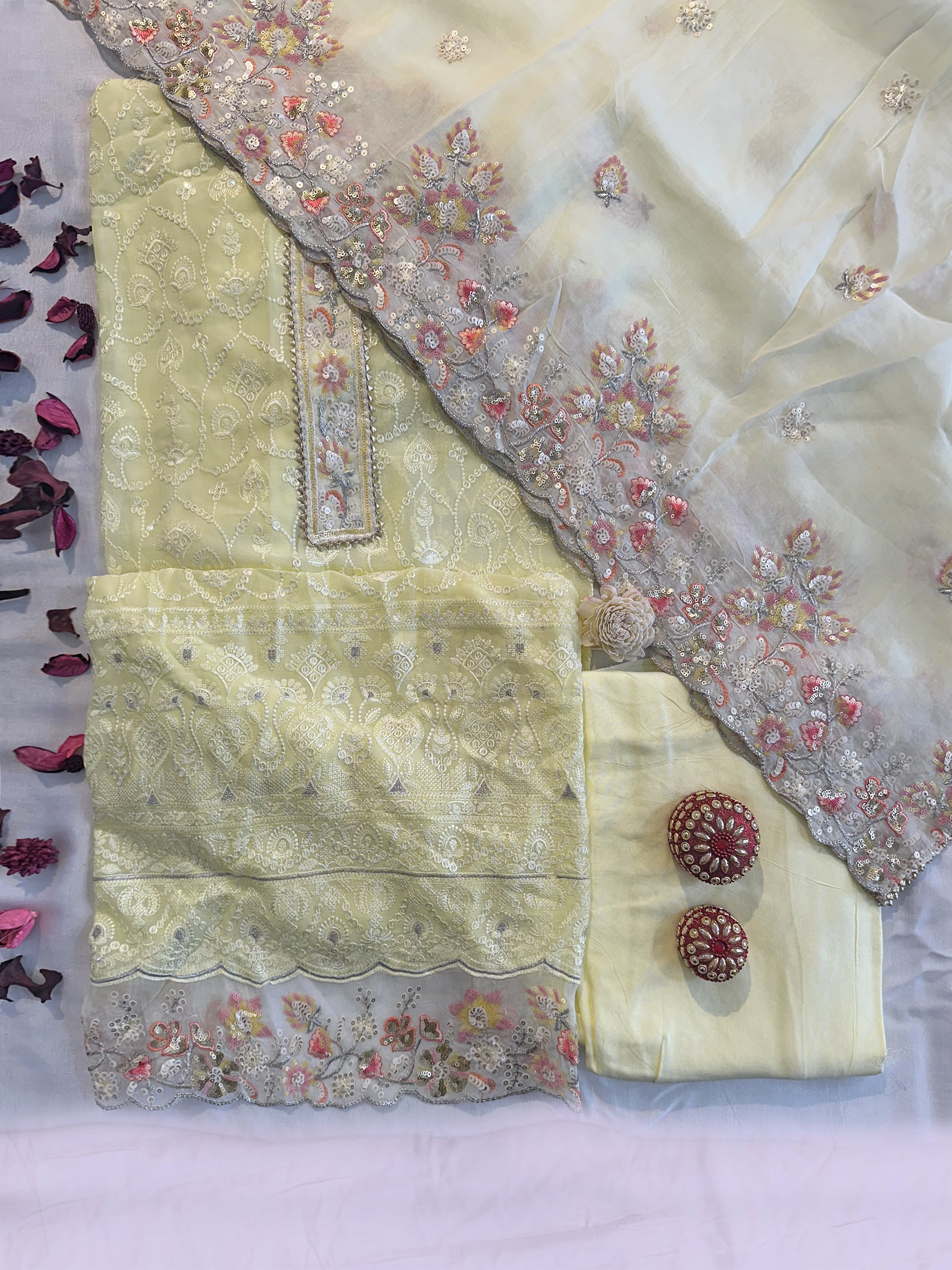 Georgette Fabric Unstitched Suit Set Peach and Lemon Colors