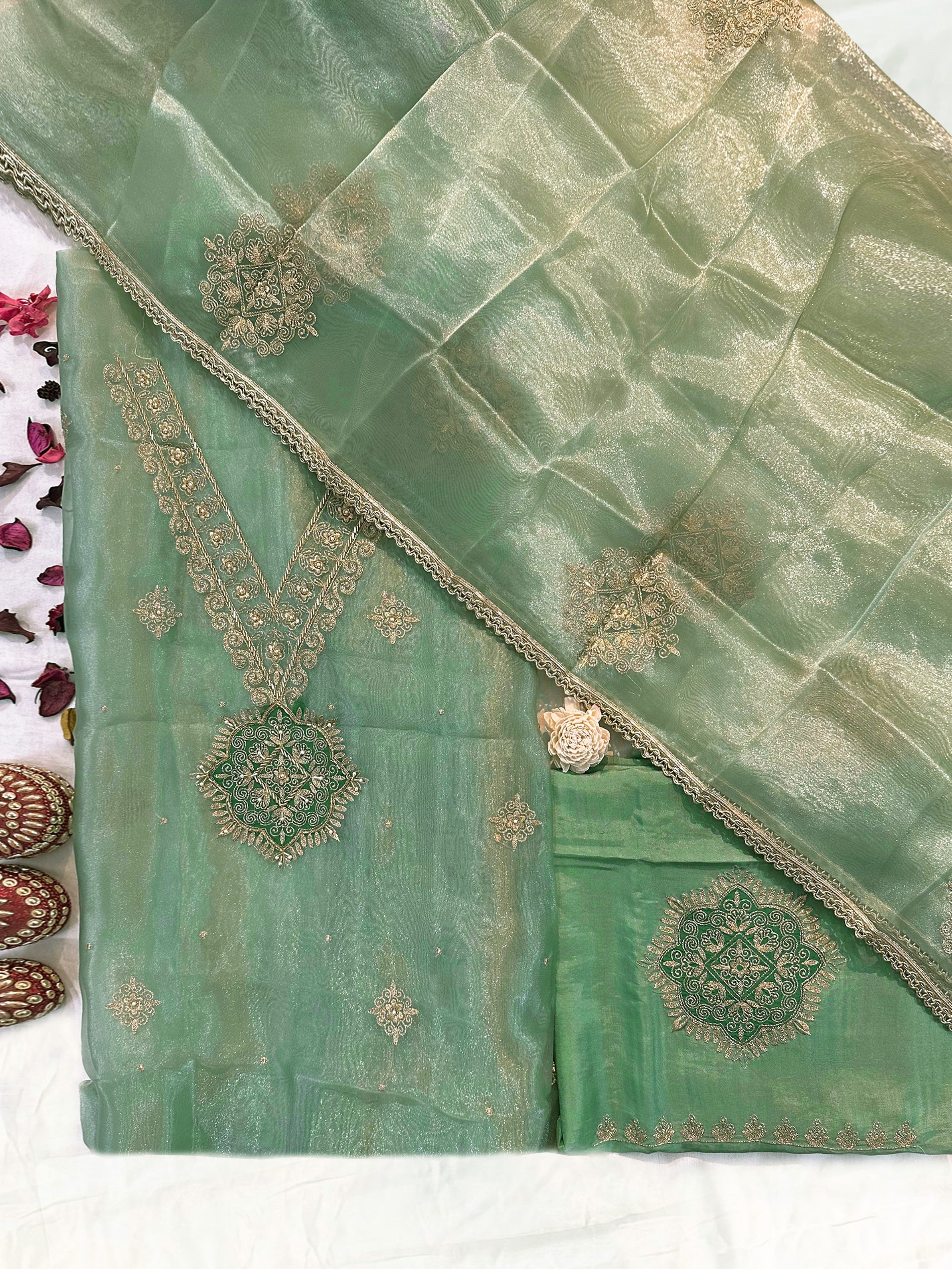 Glass Tissue Fabric Green Color Unstitched Suit Set