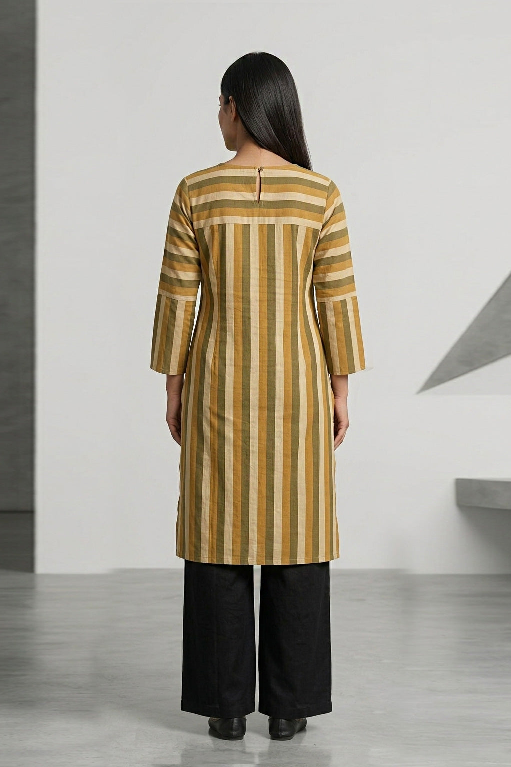 Vertical Striped Kurta & Wide-Leg Palazzo Set – Mustard Brown