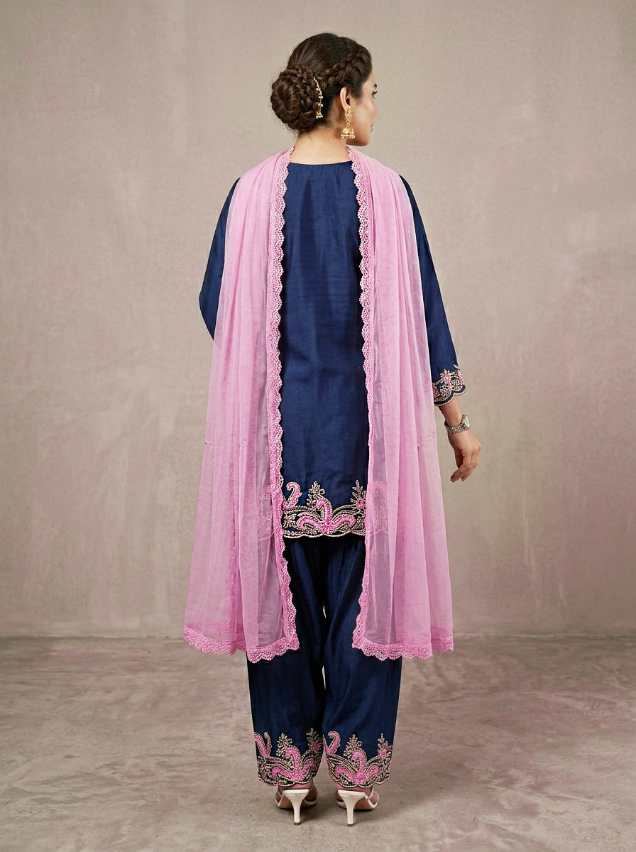 Embroidered Navy Blue Cotton Farshi Salwar Suit Set