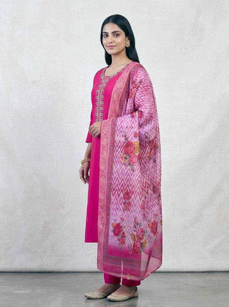 Embroidered Cotton Straight Suit Set with Printed Dupatta – Rani Pink