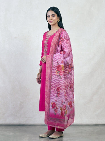 Embroidered Cotton Straight Suit Set with Printed Dupatta – Rani Pink