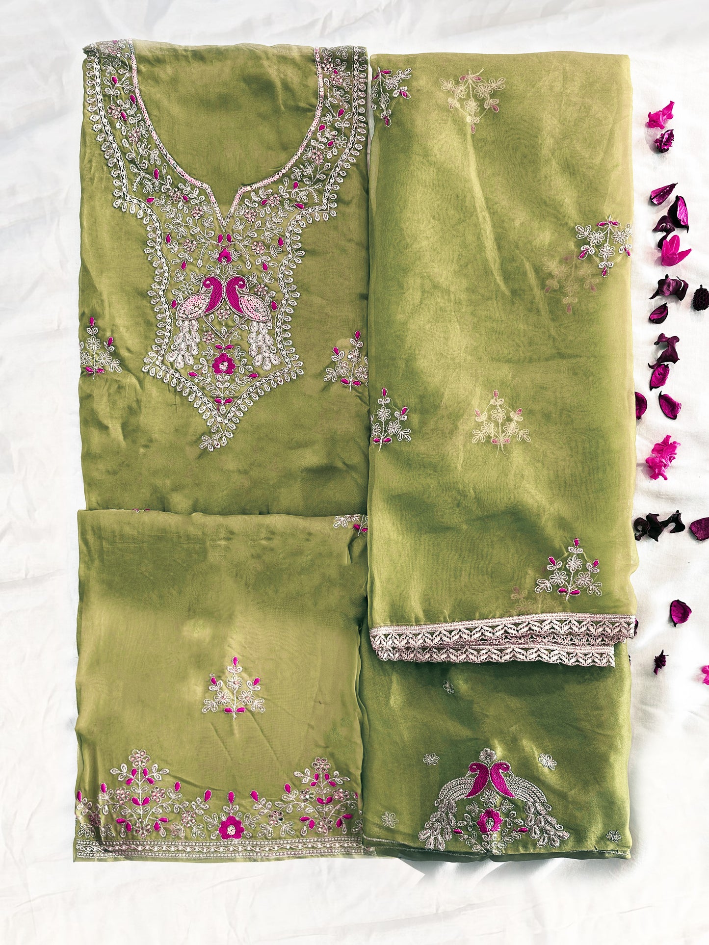 Viscose Organza Unstitched Suit Set  2 Green Colors