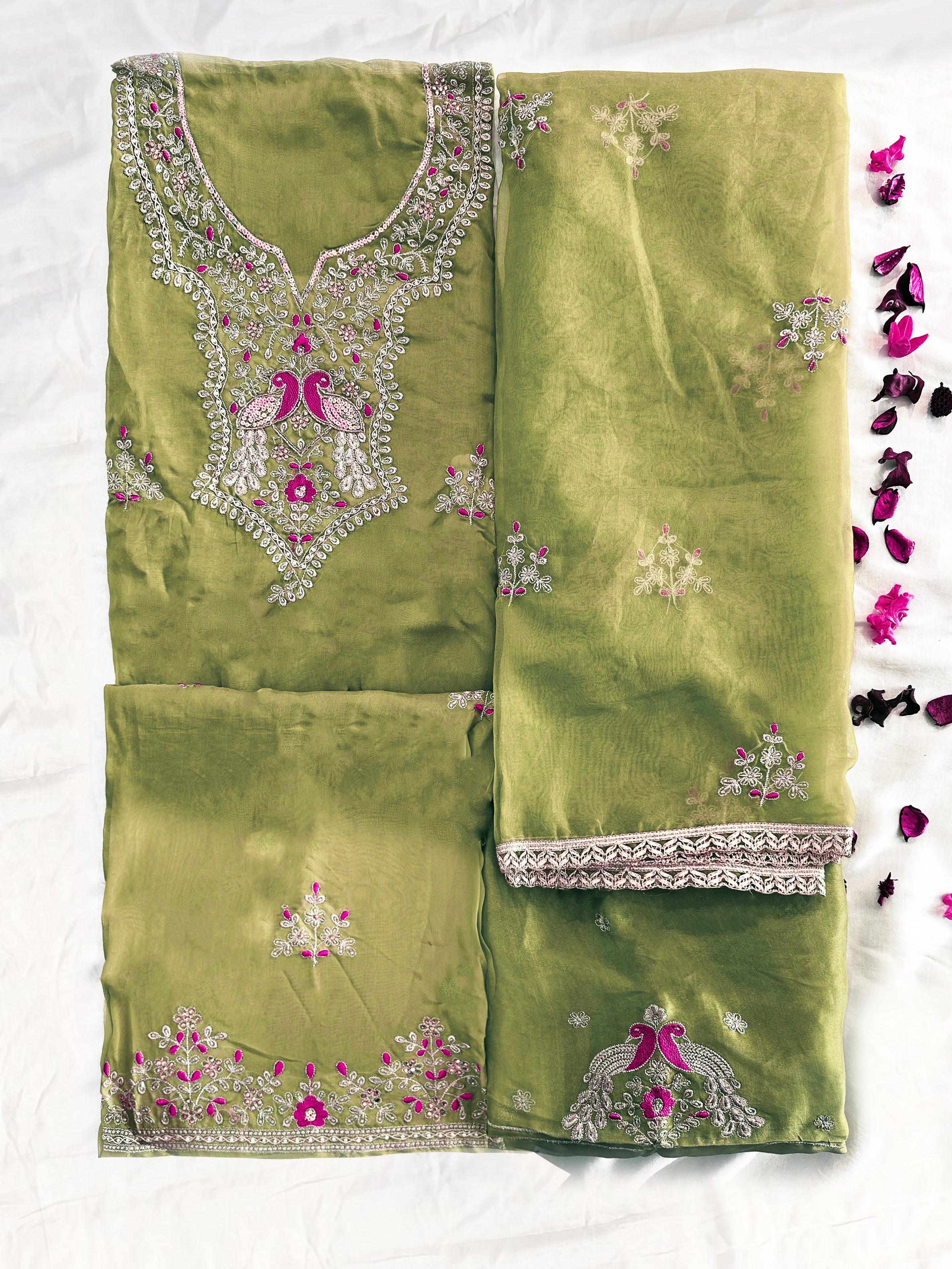 Viscose Organza 2 Green Colors Unstitched Suit Set