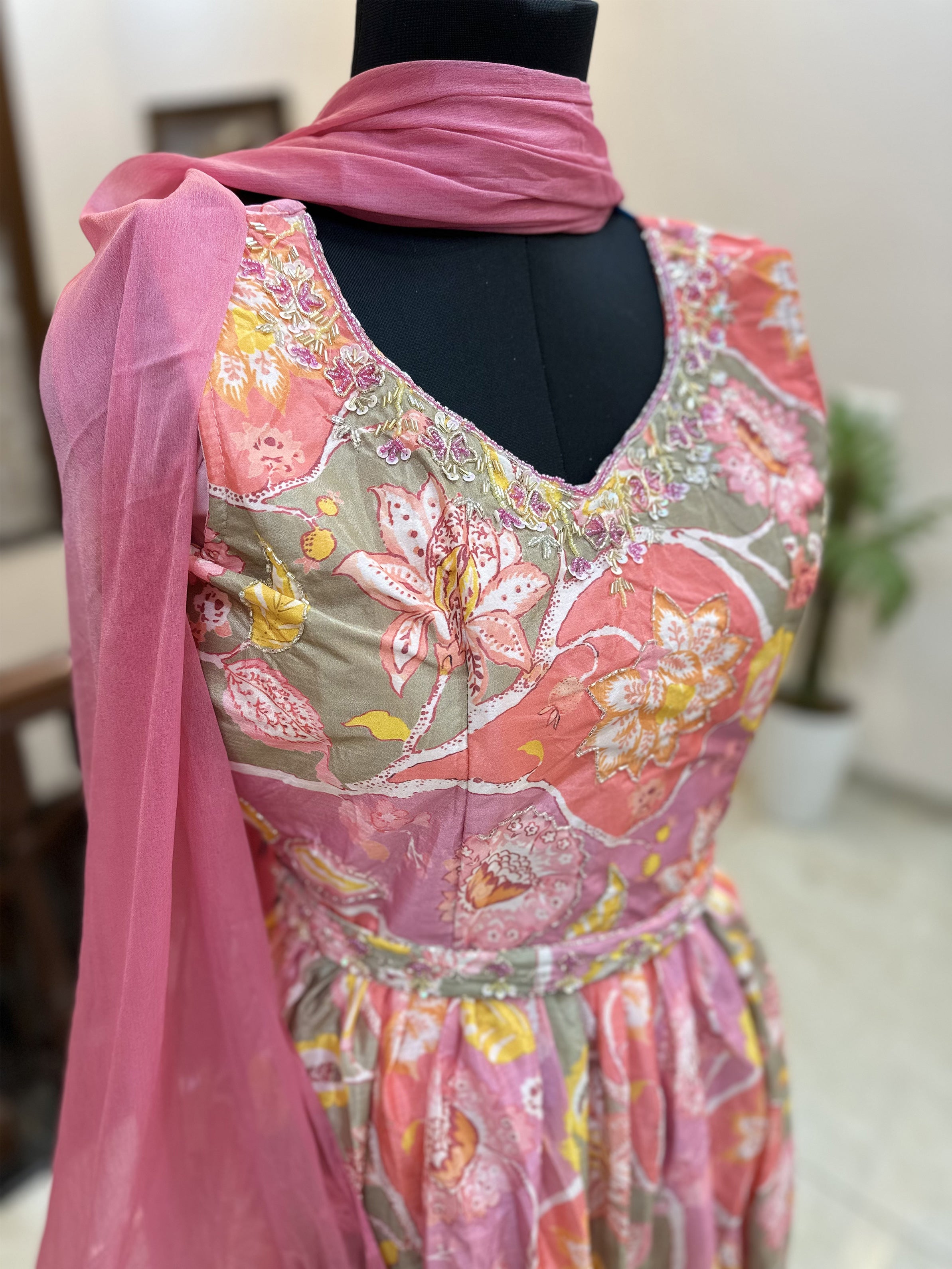 Satin Fabric Printed Gown Printed Pink color
