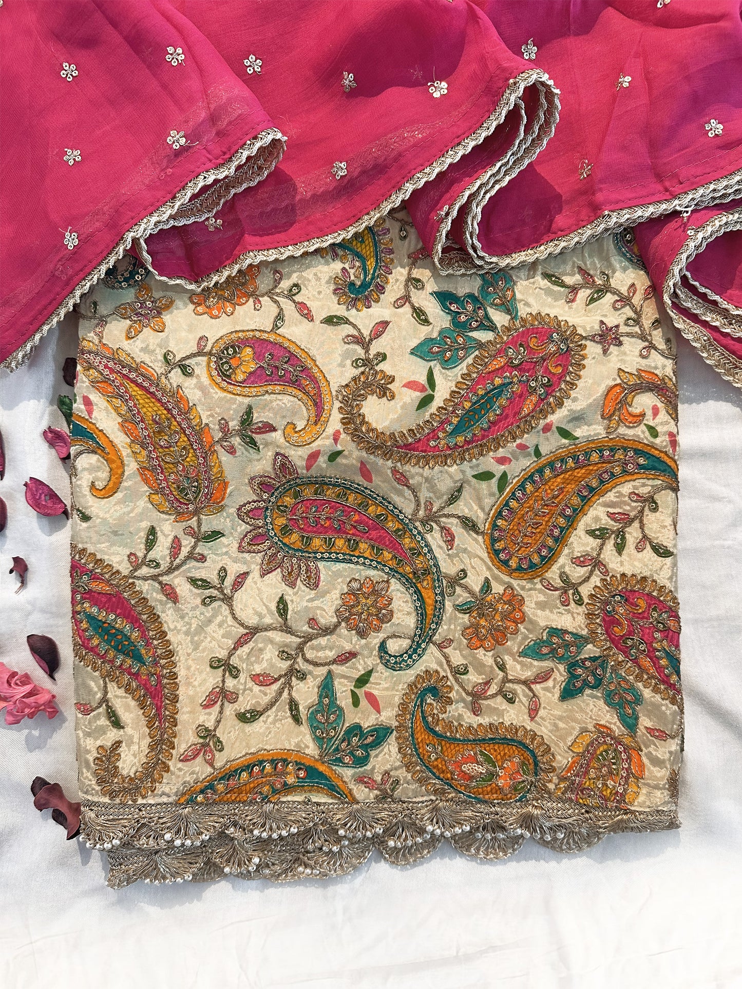 Crepe Fabric Contrast Unstitched Suit Set Cream and pink