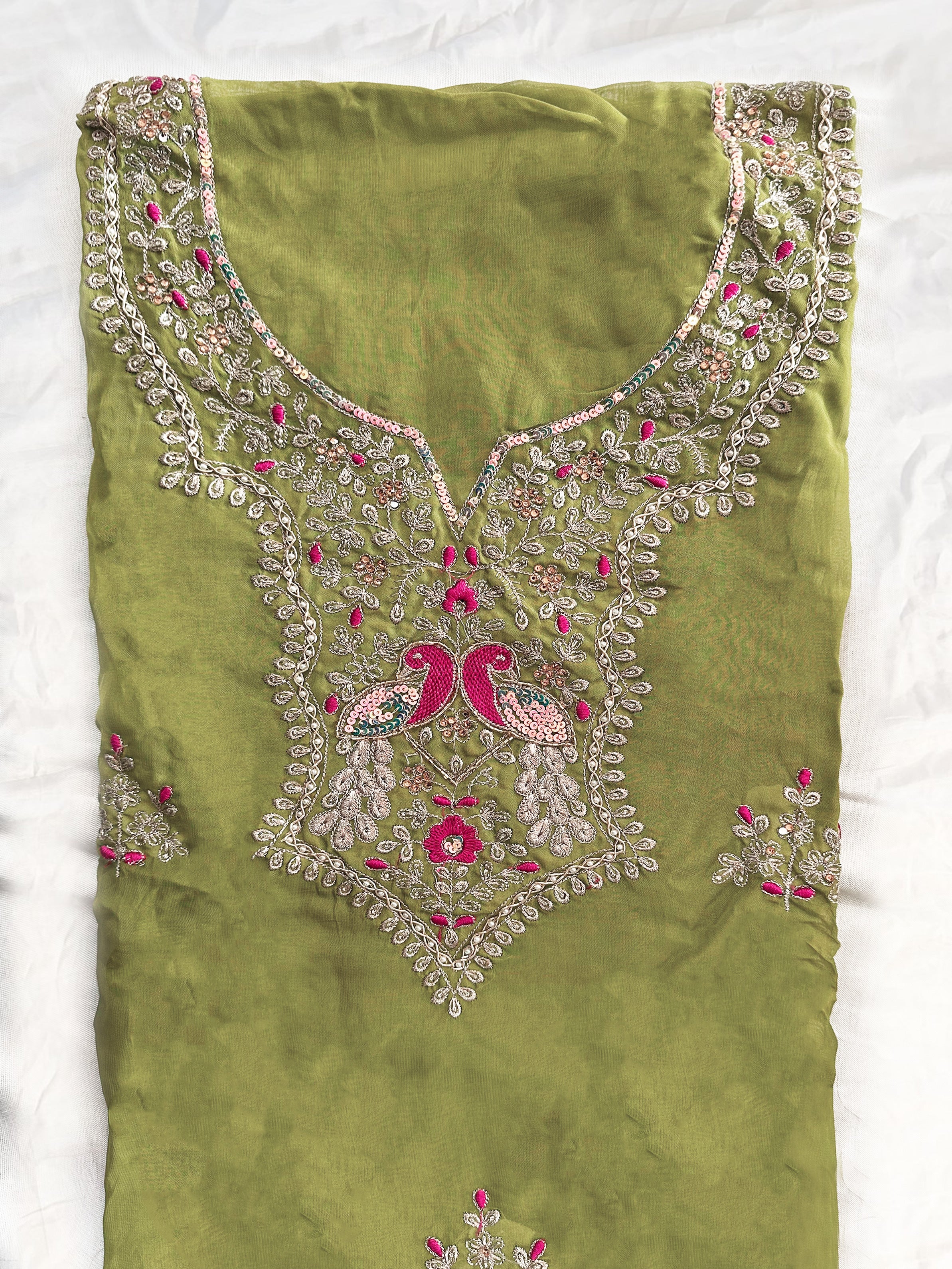 Viscose Organza 2 Green Colors Unstitched Suit Set
