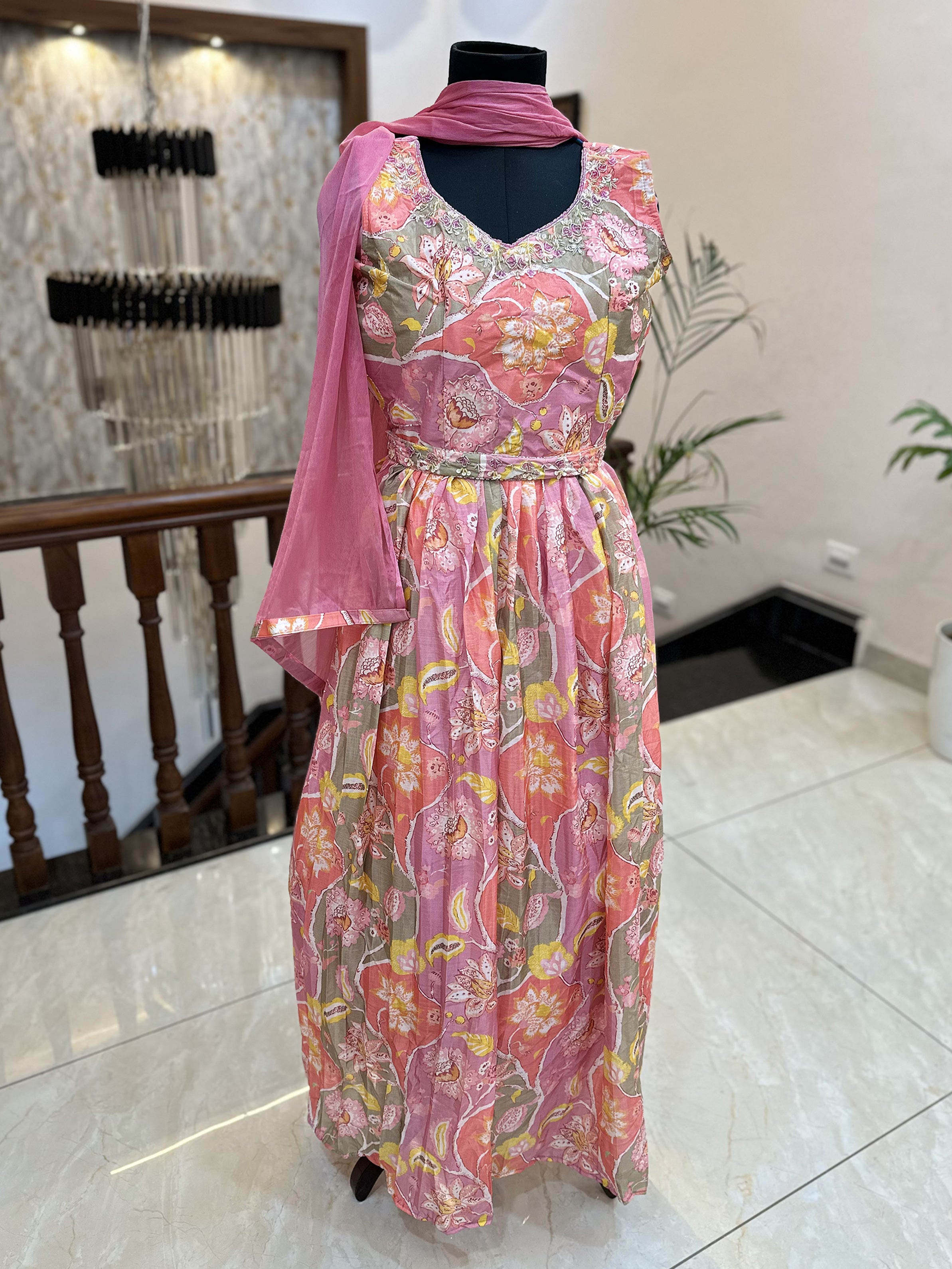 Satin Fabric Printed Gown Printed Pink color