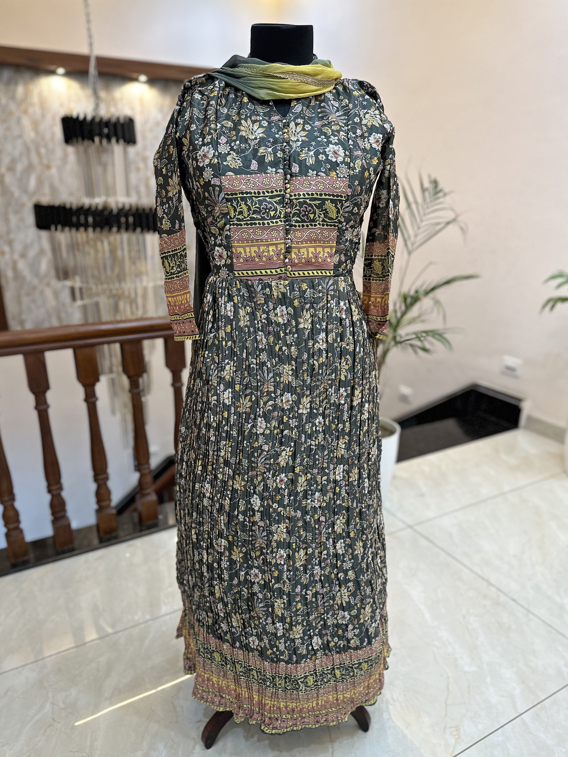 Satin Fabric Printed Gown Printed Green color