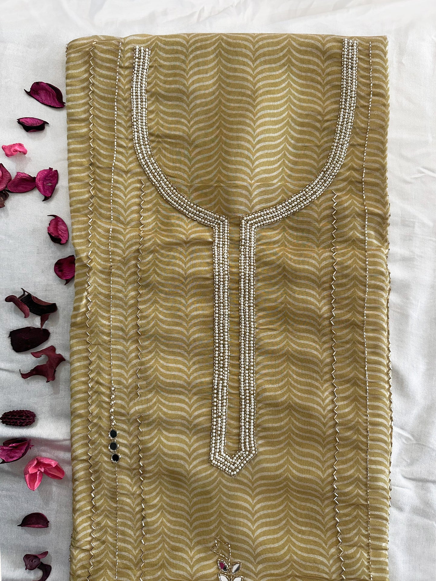 Shimmer Linen Unstitched Suit Set Mustard and purple
