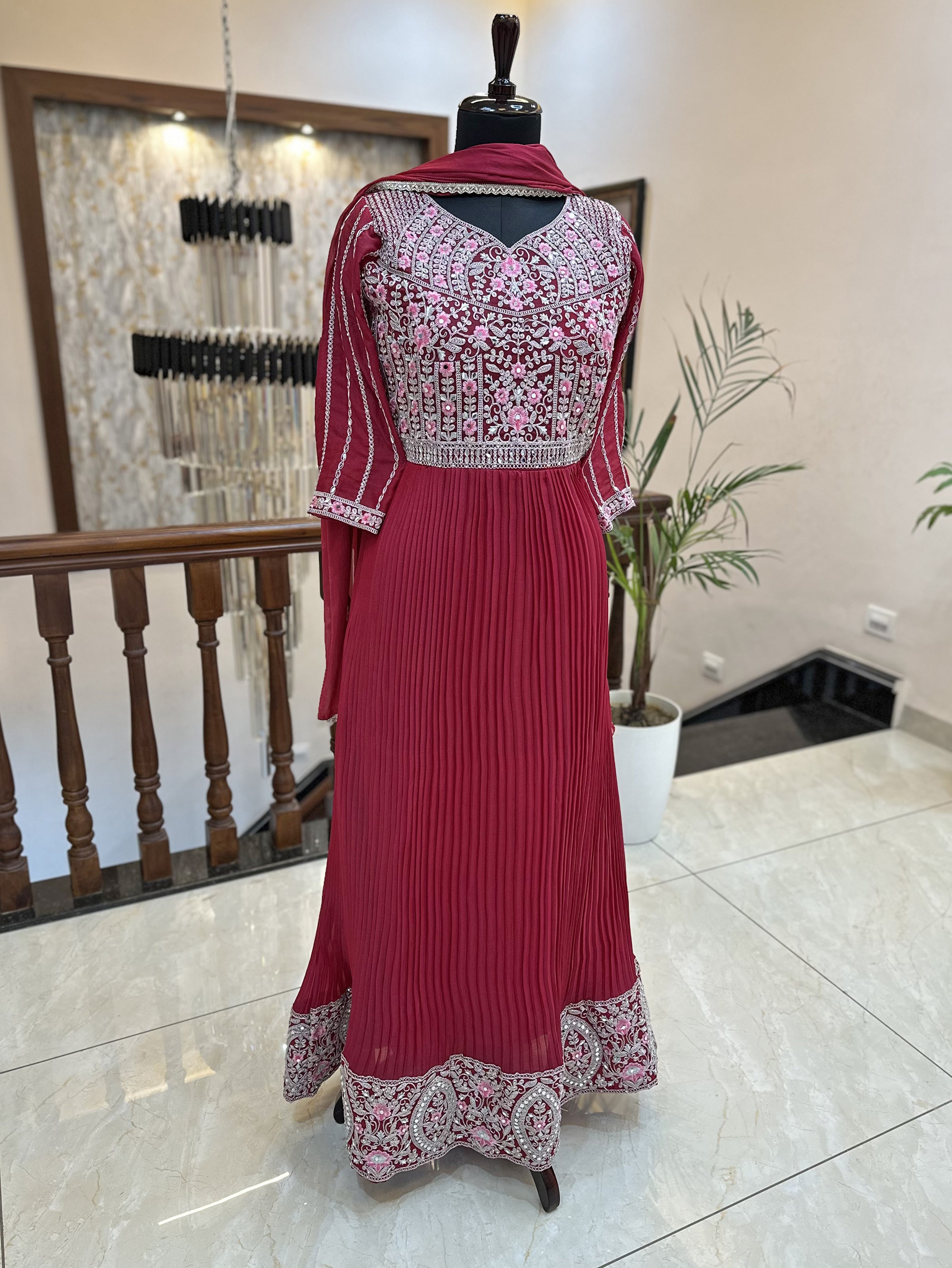 Shimmer Fabric Readymade Gown Maroon color