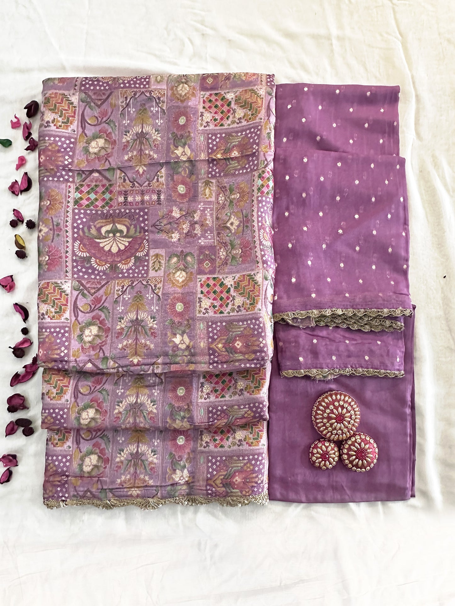 Brocade Fabric Unstitched Suit Set Purple and Onion colors