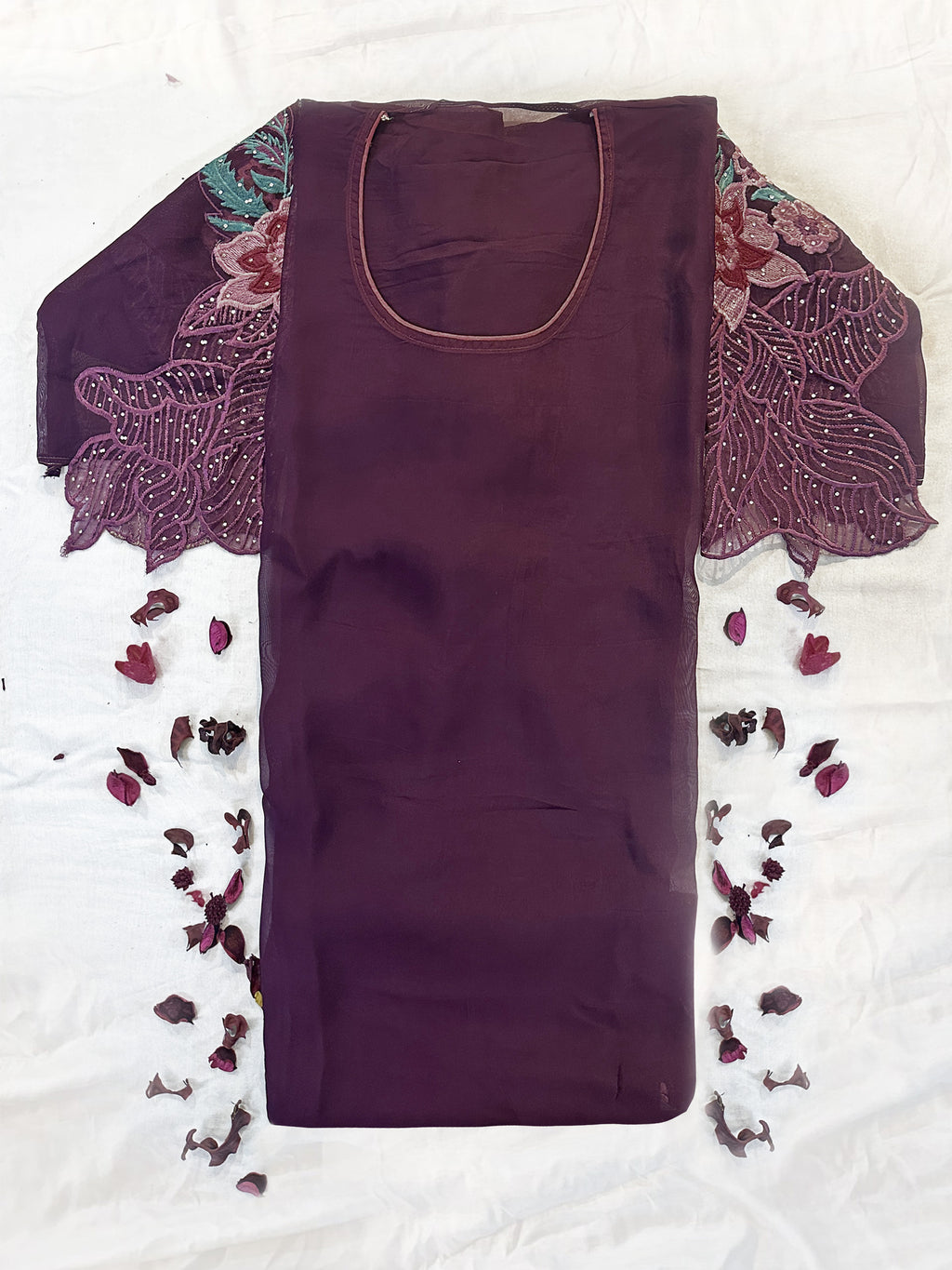 Organza Fabric Unstitched Suit Set Green and Wine