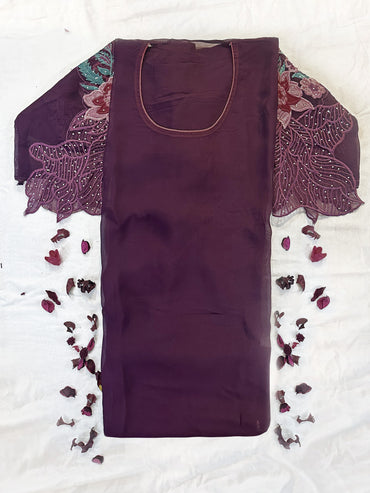 Organza Fabric Unstitched Suit Set Green and Wine