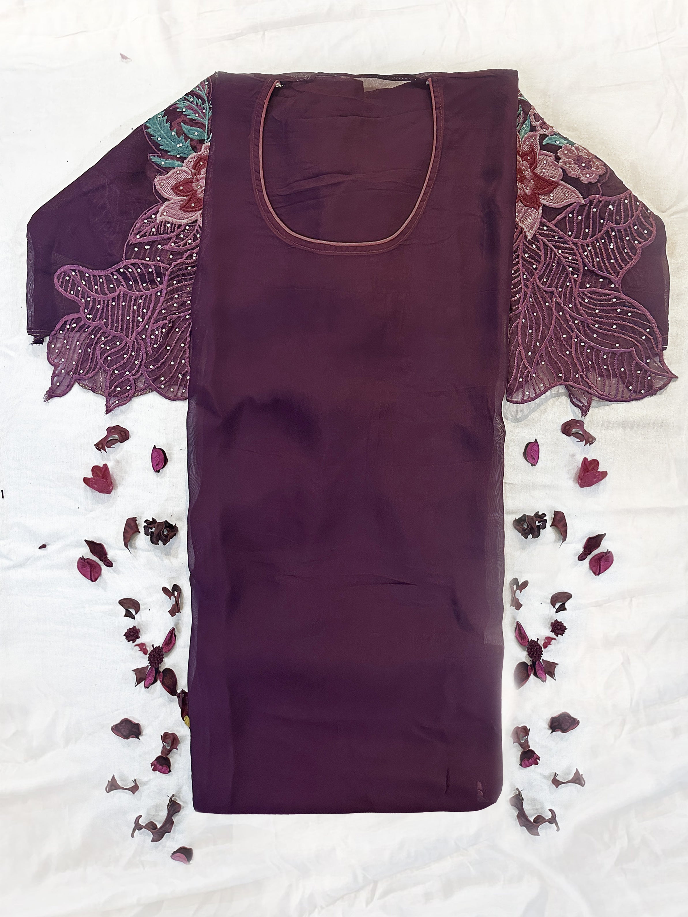 Organza Fabric Unstitched Suit Set Green and Wine