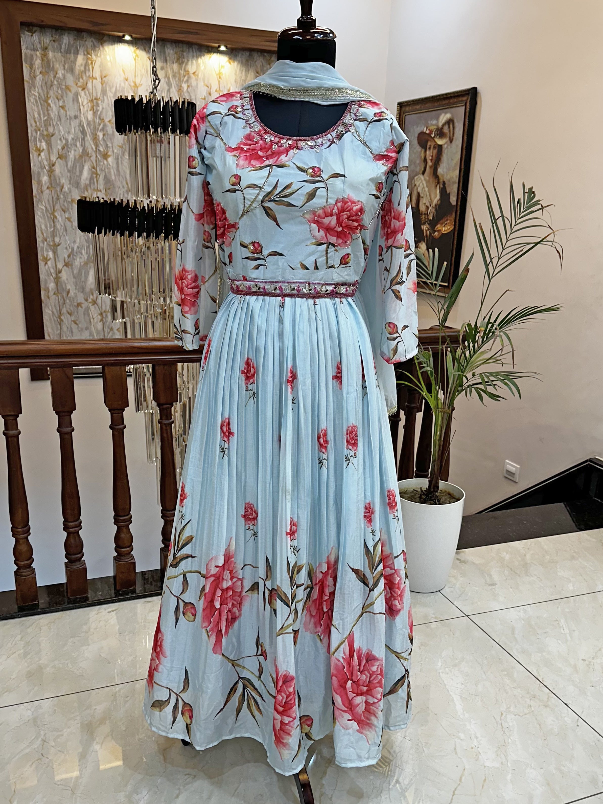 Satin Fabric Printed Gown Blue Color