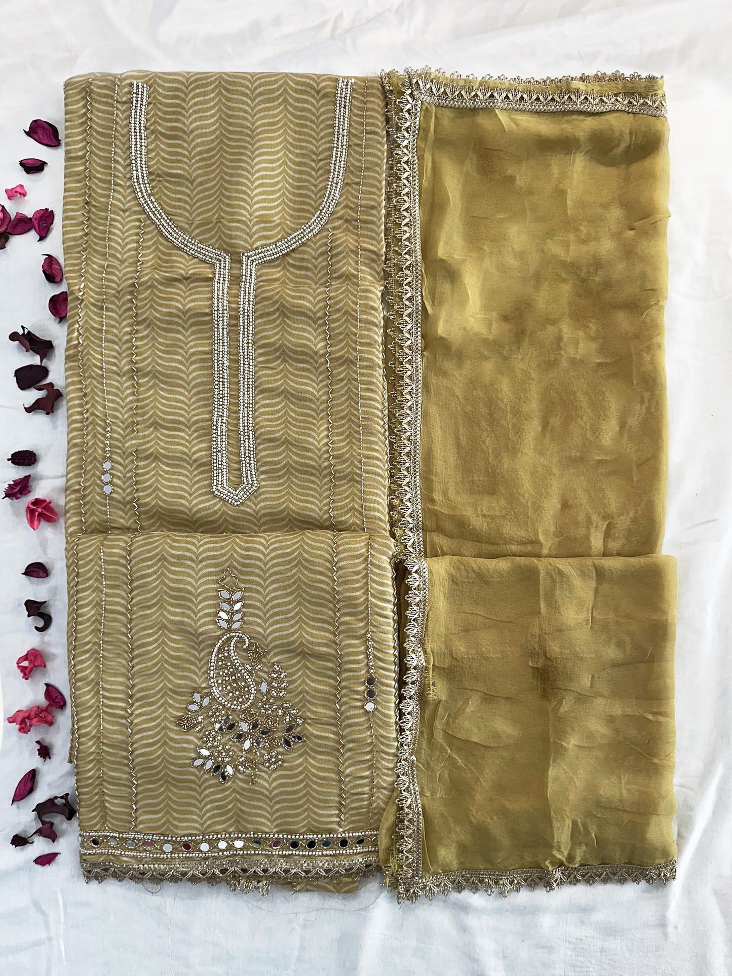 Shimmer Linen Unstitched Suit Set Mustard and purple