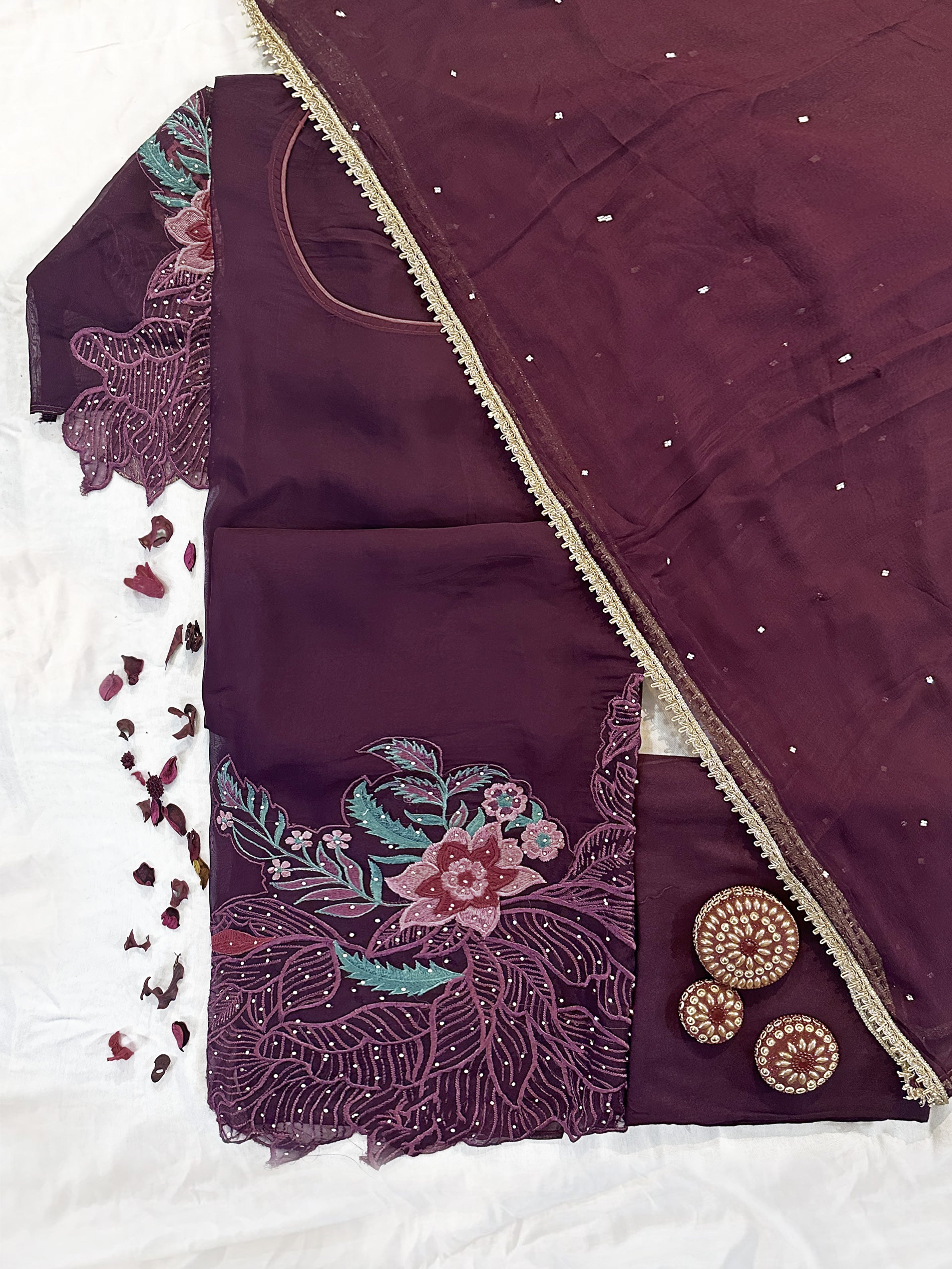 Organza Fabric Unstitched Suit Set Green and Wine