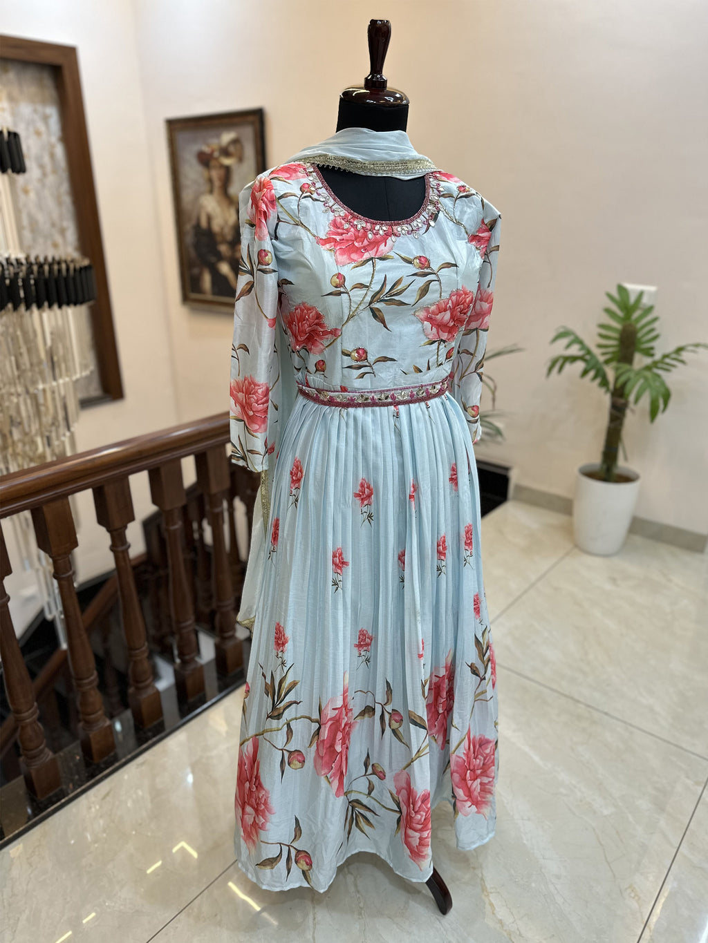 Satin Fabric Printed Gown Blue Color