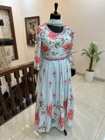 Satin Fabric Printed Gown | Blue Color
