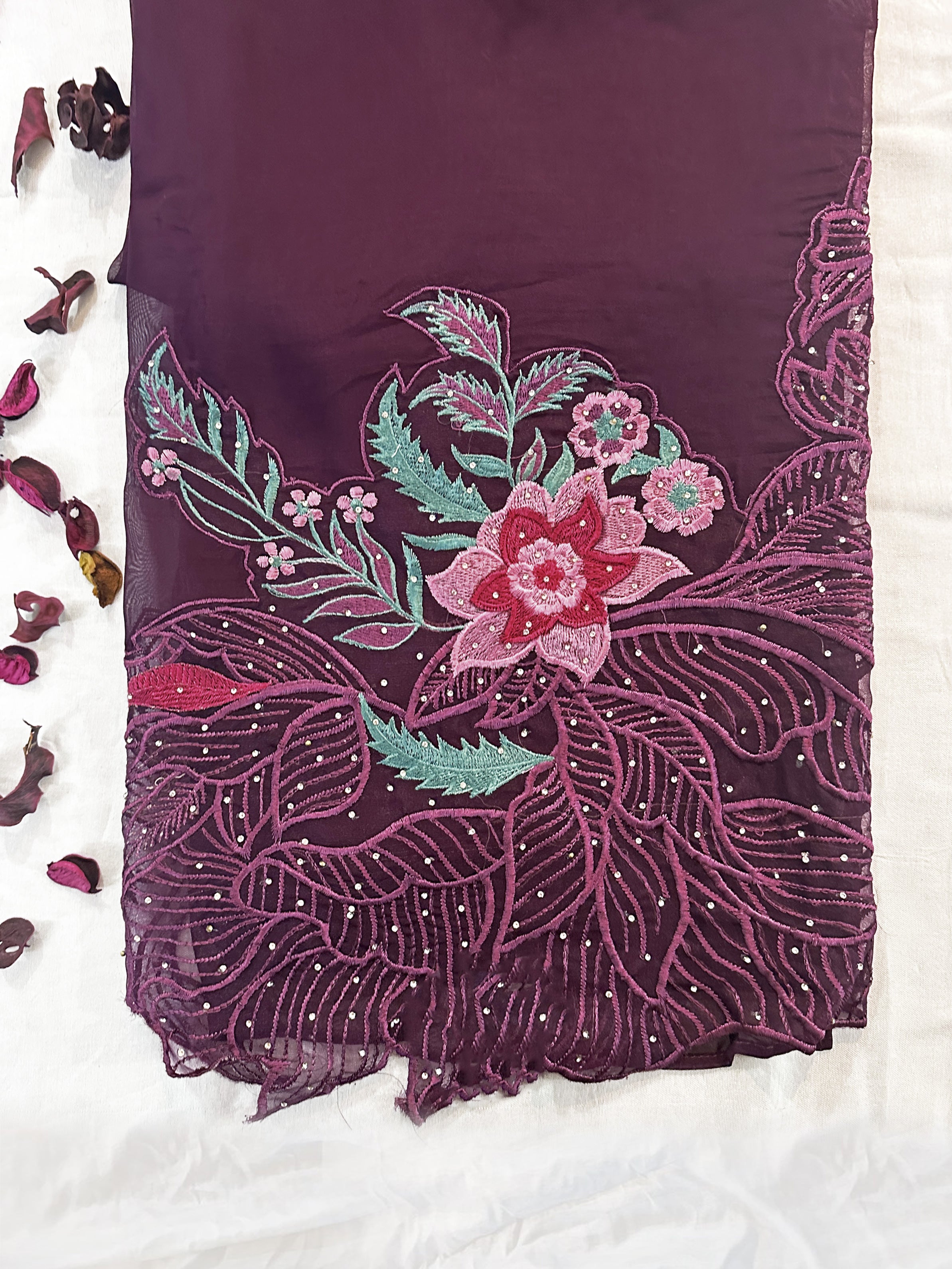 Organza Fabric Unstitched Suit Set Green and Wine