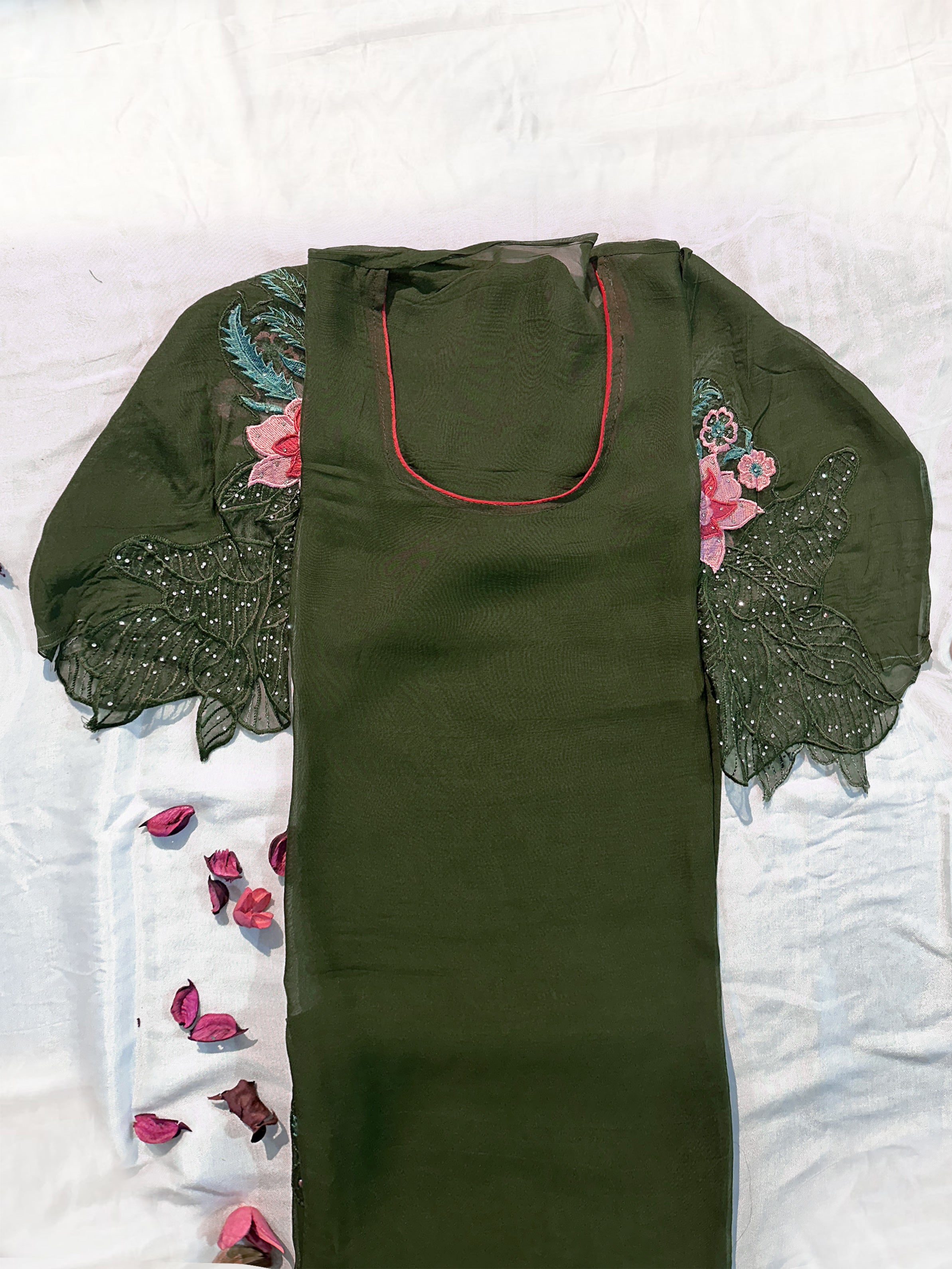Organza Fabric Unstitched Suit Set Green and Wine