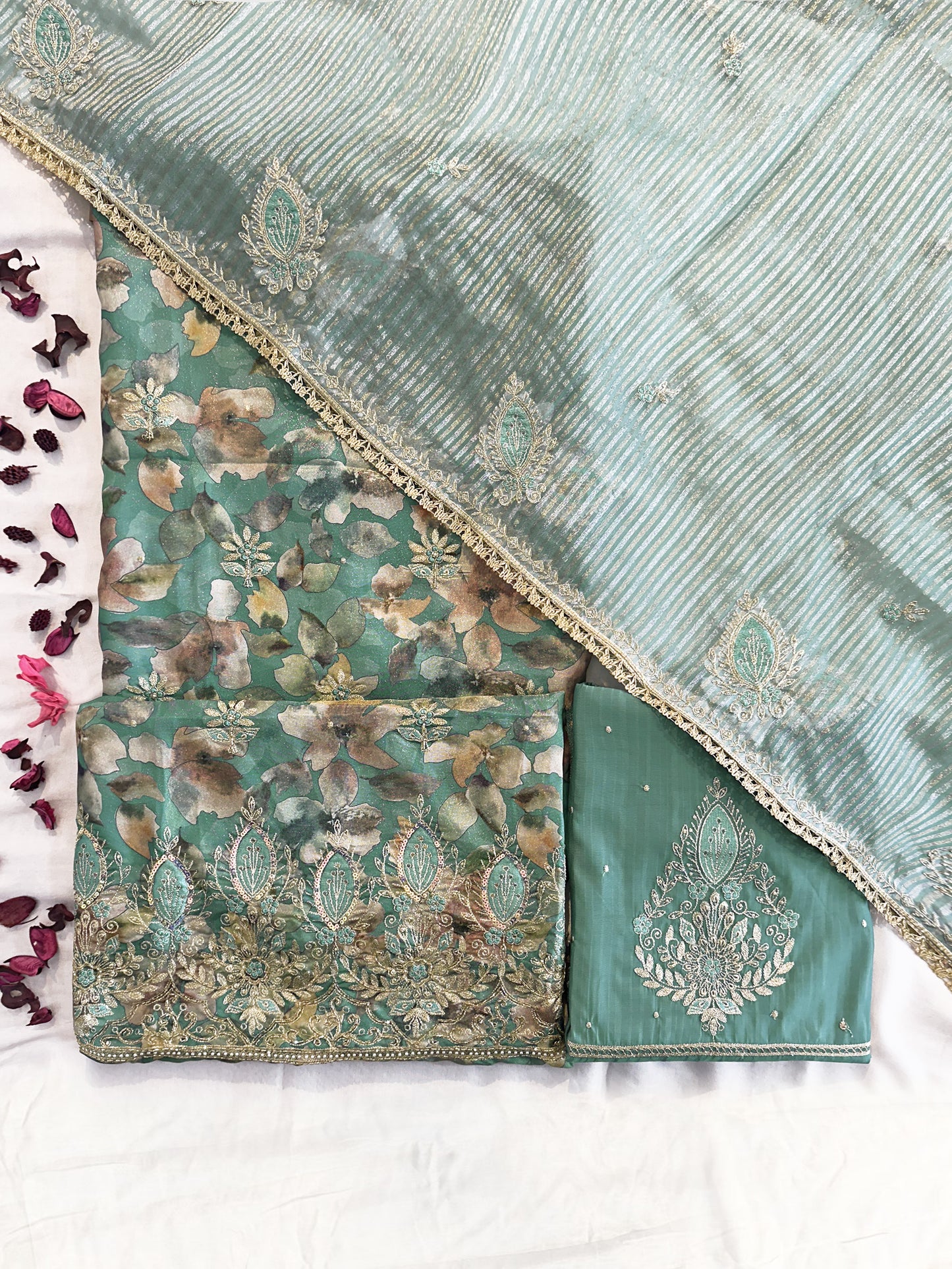 Shimmer Silk Unstitched Suit Set  Purple and Green Color
