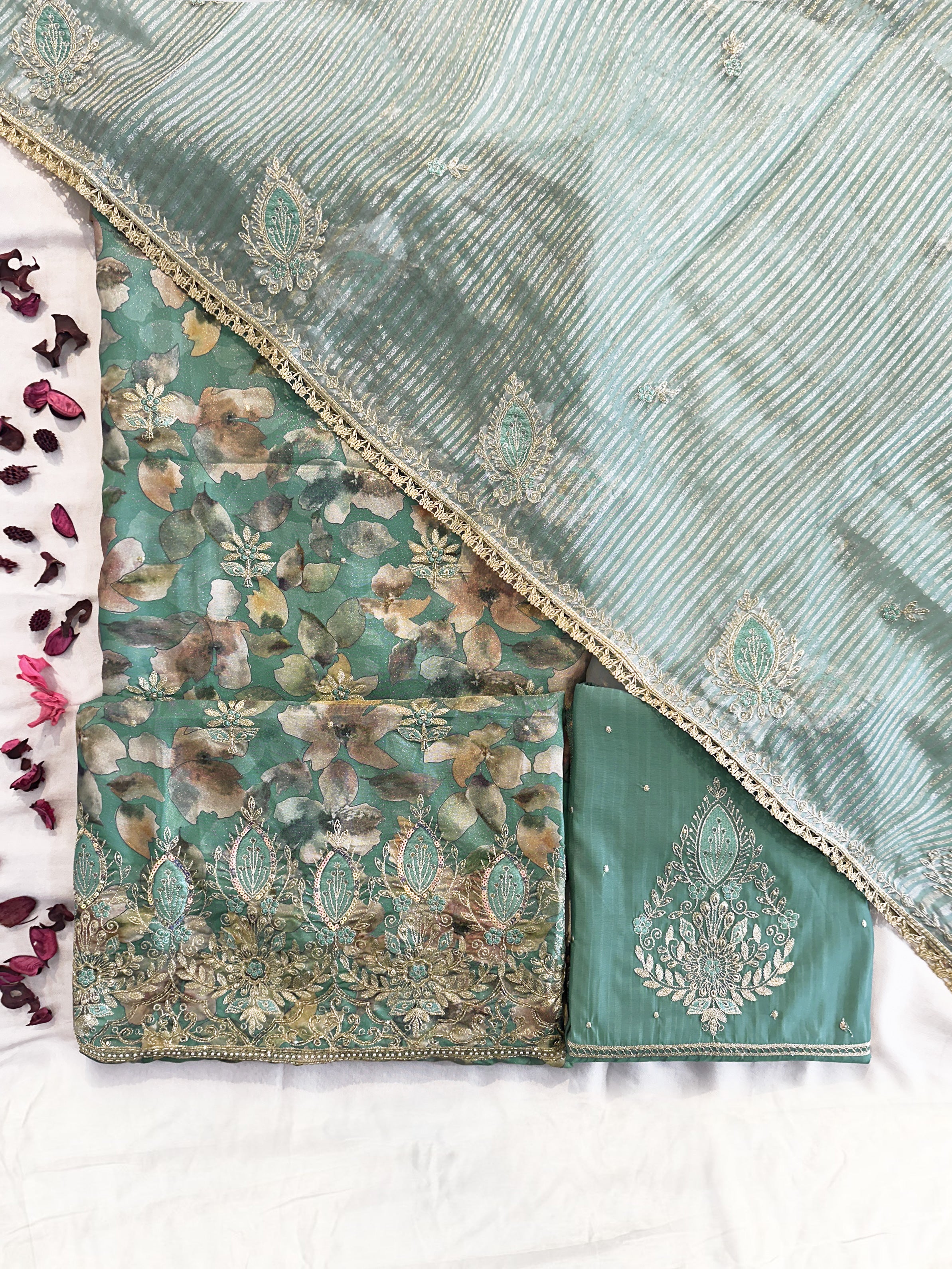 Shimmer Silk Purple and Green Color Unstitched Suit Set