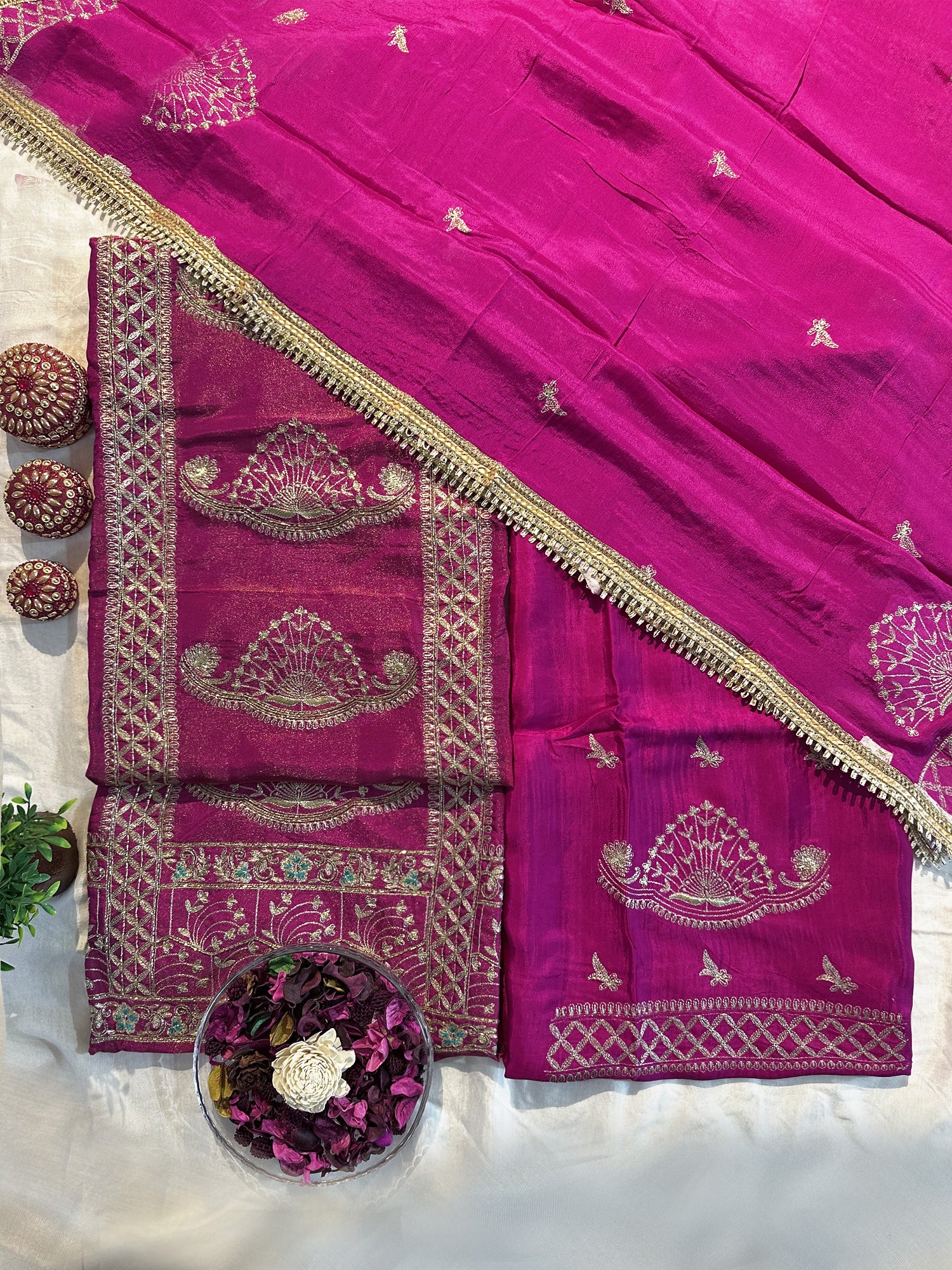 Magenta Shimmer Unstitched Suit Set (Magenta and Rust Colors)