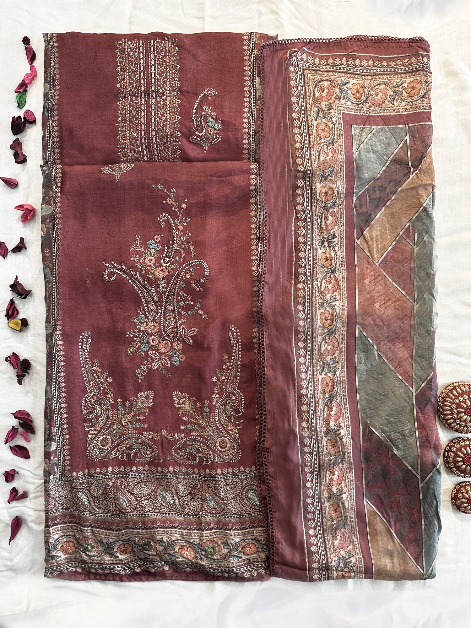 Muslin Fabric Unstitched Suit Set Onion Color