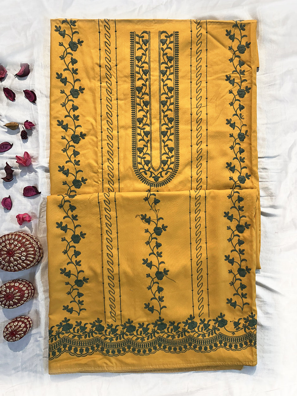 Cotton Fabric Unstitched Suit Set Peach and Mustard