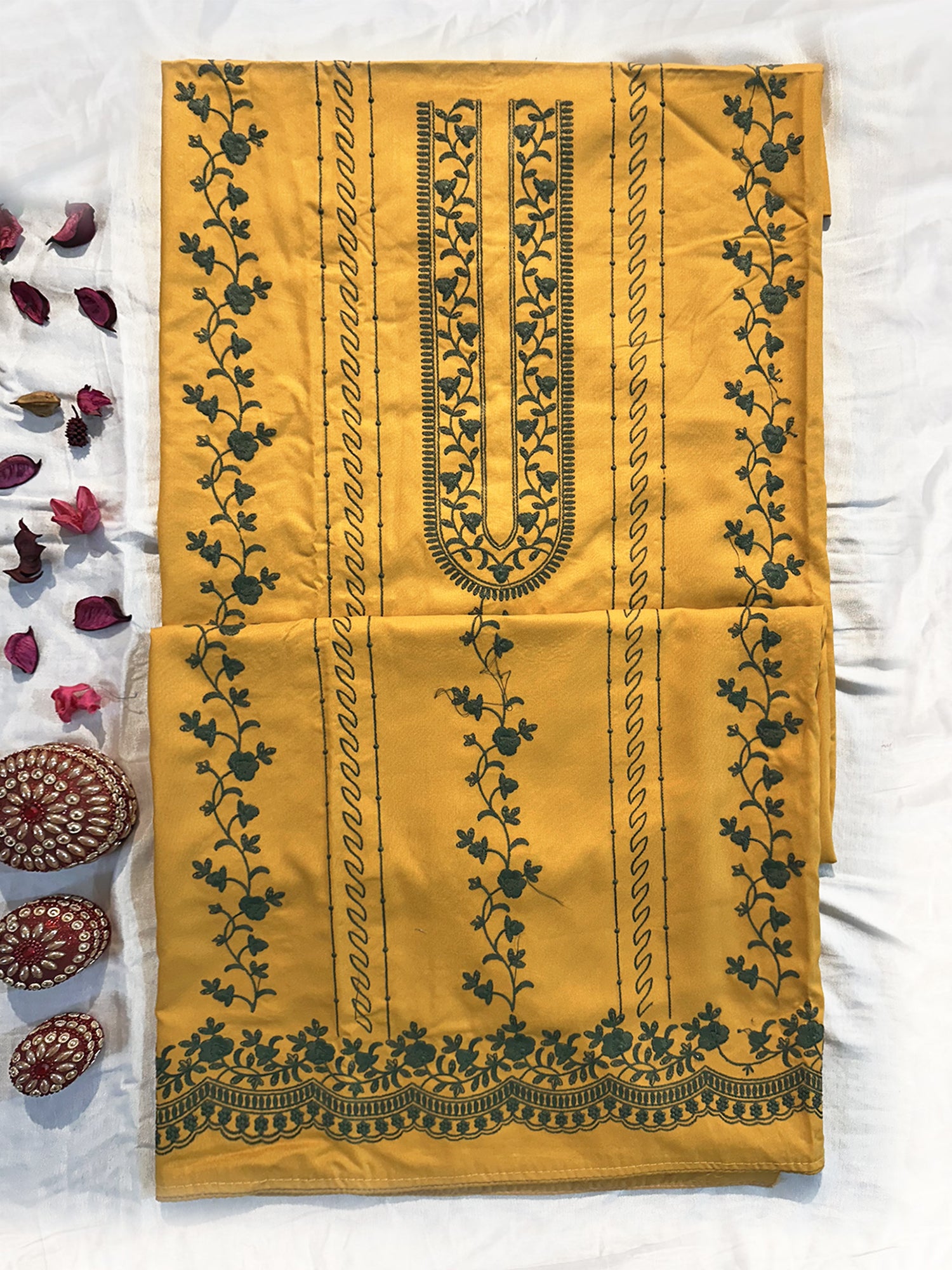 Cotton Fabric Unstitched Suit Set Peach and Mustard