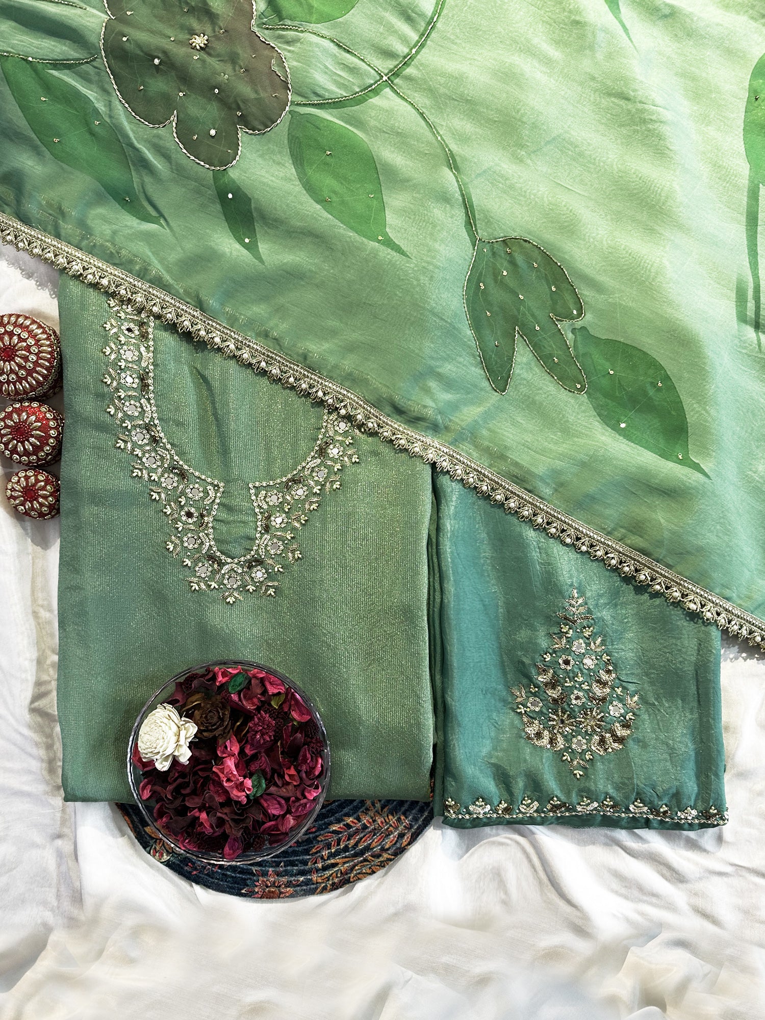 Shimmer Silk Emerald Green Unstitched Suit Set