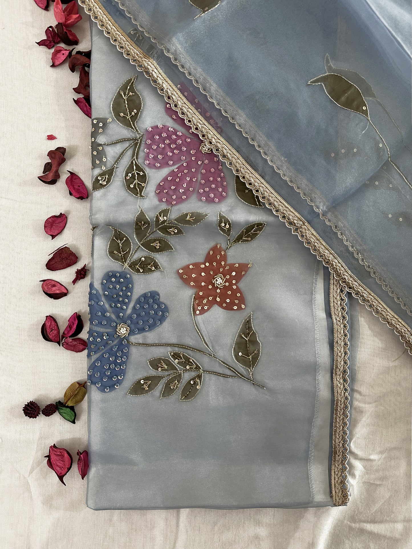 Sasha Fabric Unstitched Suit Set Peach and Sky Blue Color