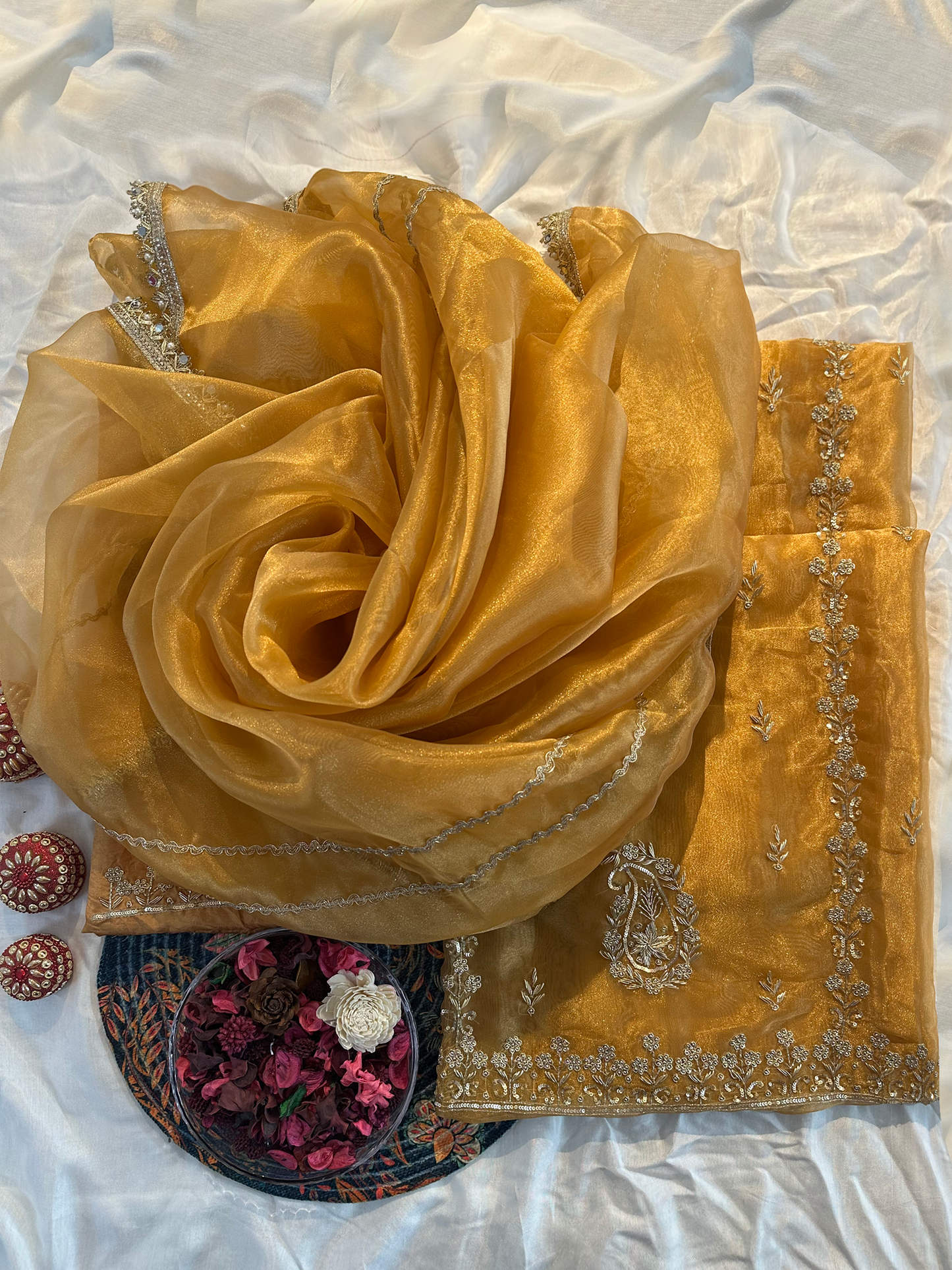 Glass Tissue Fabric Gold Color Unstitched Suit Set