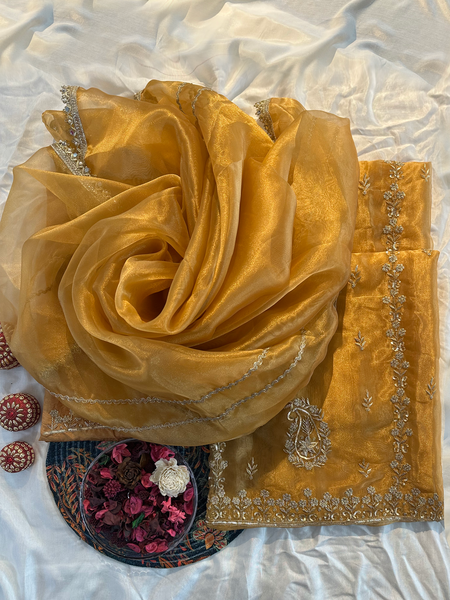 Glass Tissue Fabric Gold Color Unstitched Suit Set