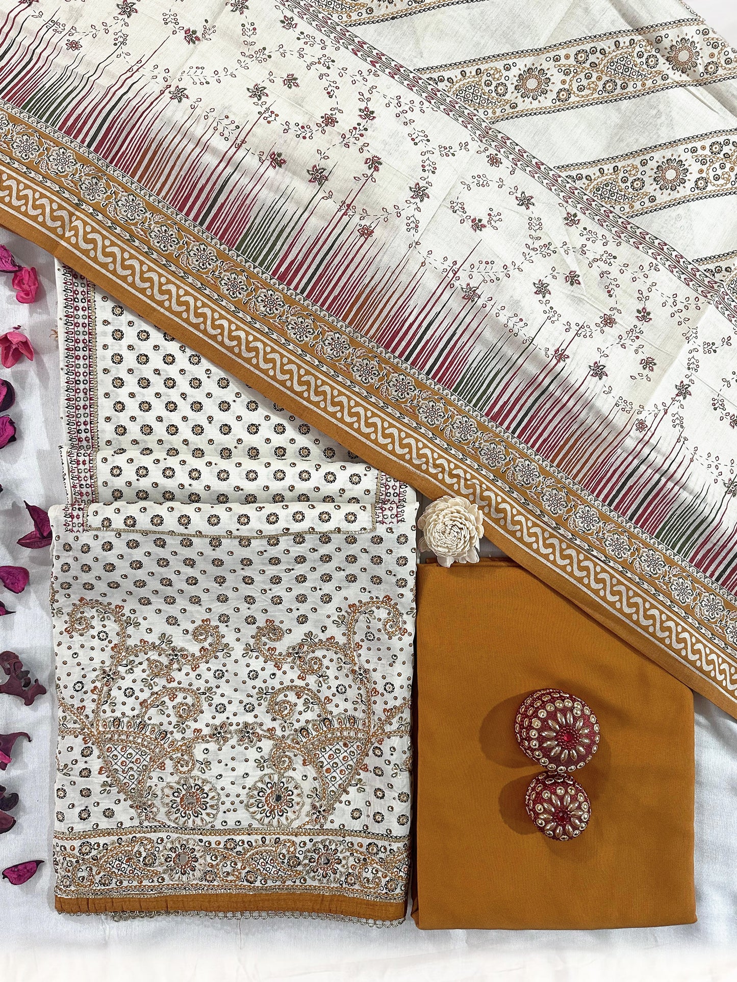 Muslin Fabric Unstitched Suit set Cream and Maroon