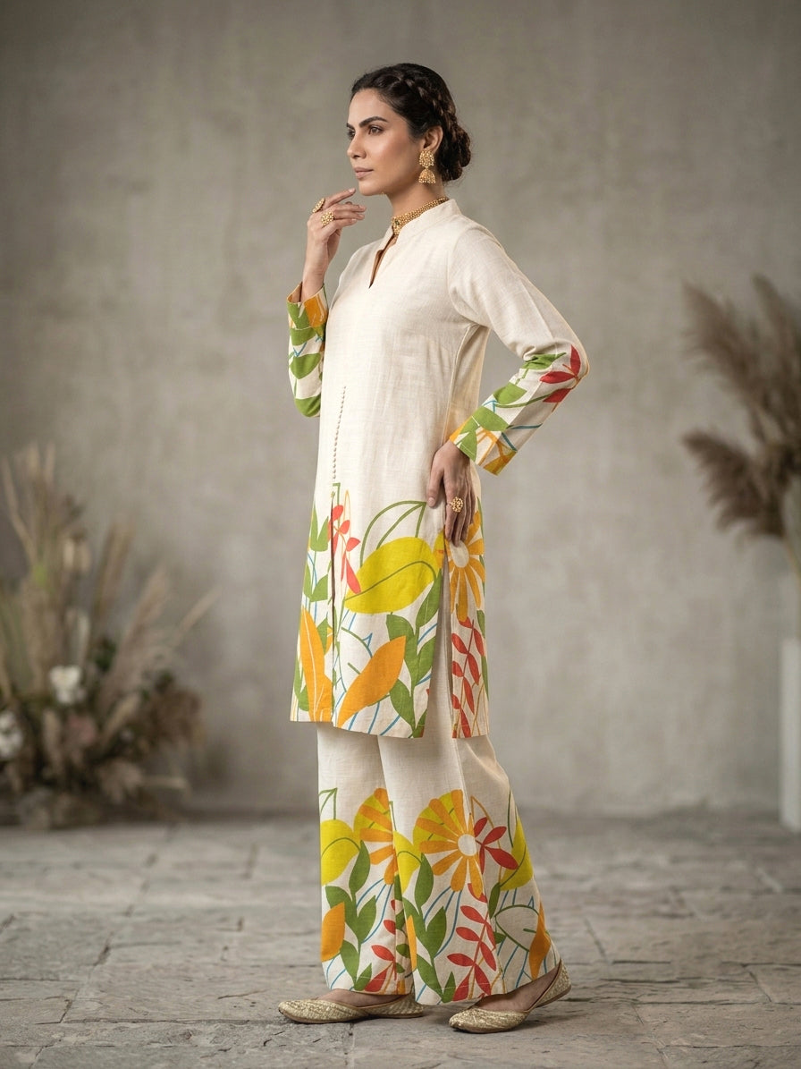 Botanical Printed Cotton Tunic & Palazzo Set – Cream & Yellow