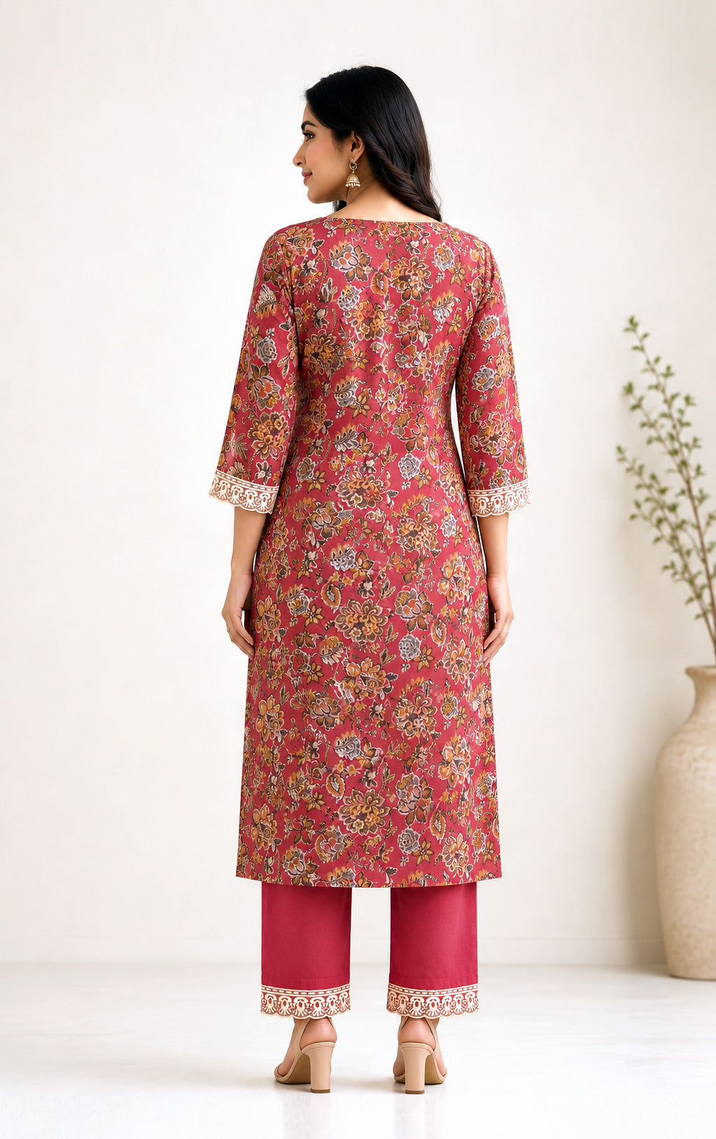 Pure Cotton Floral Block Print Suit Set with Lace Work – Coral Pink