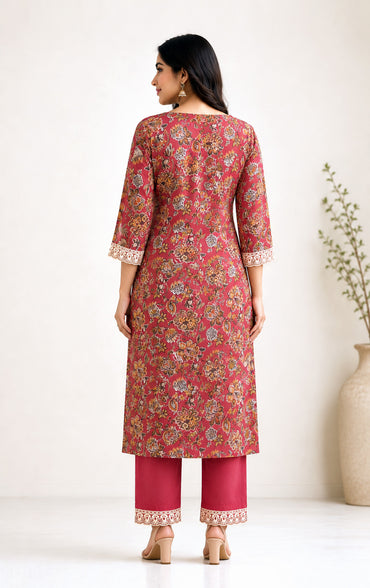 Pure Cotton Floral Block Print Suit Set with Lace Work – Coral Pink