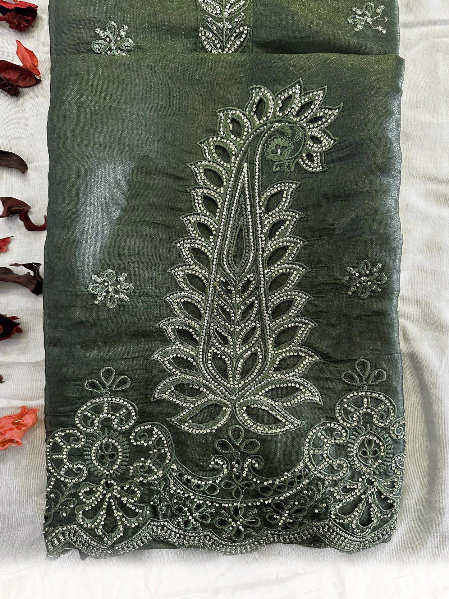 Canadian Silk Fabric Unstitched Suit Set Green and Grey Color