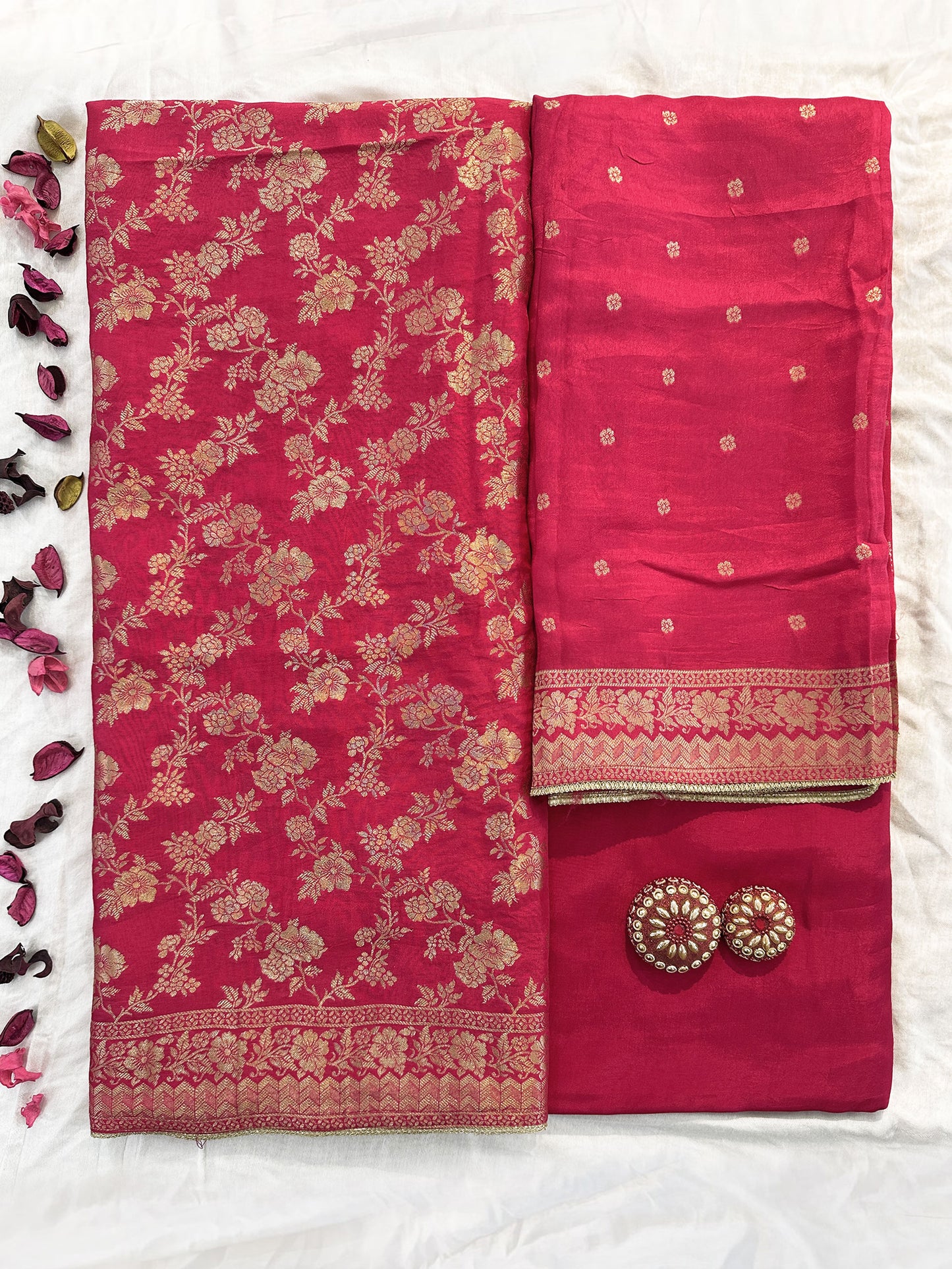 Ganga Silk Fabric Unstitched Suit Set | Red and orange