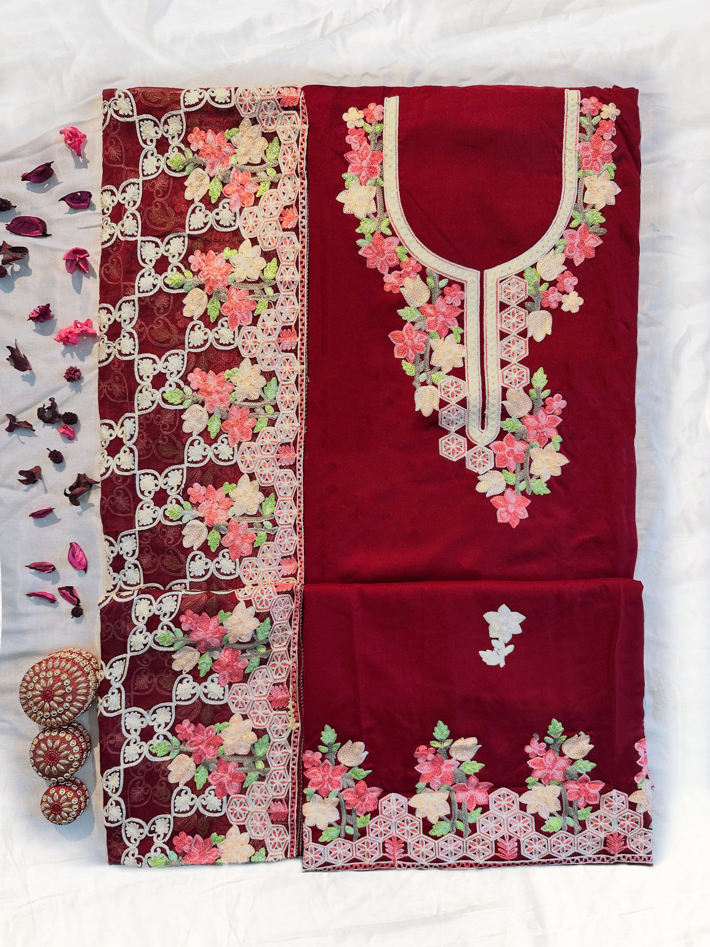 Rayon Cotton Fabric Unstitched Suit Set 4 Colors (Kashmiri)