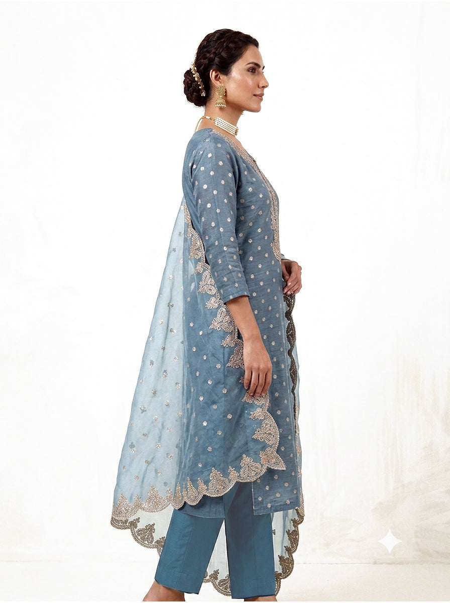 Embroidered Shimmer Straight Suit Set – Dusty Blue