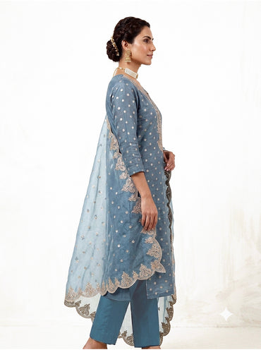 Embroidered Shimmer Straight Suit Set – Dusty Blue