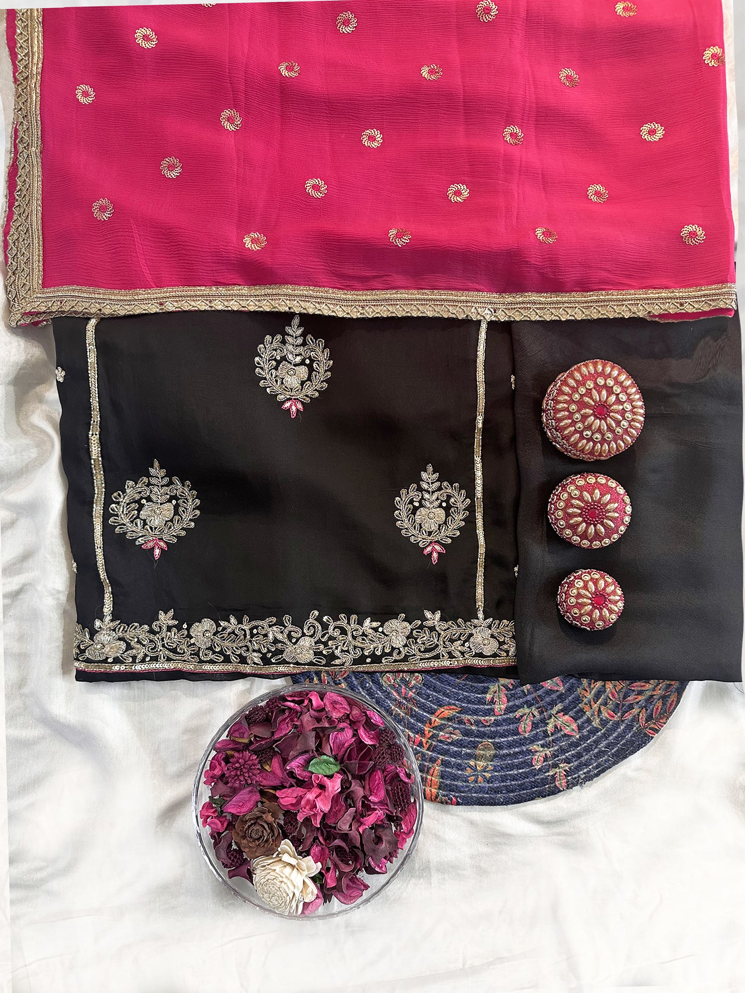 Viscose Organza Black with Magenta Dupatta Unstitched Suit Set
