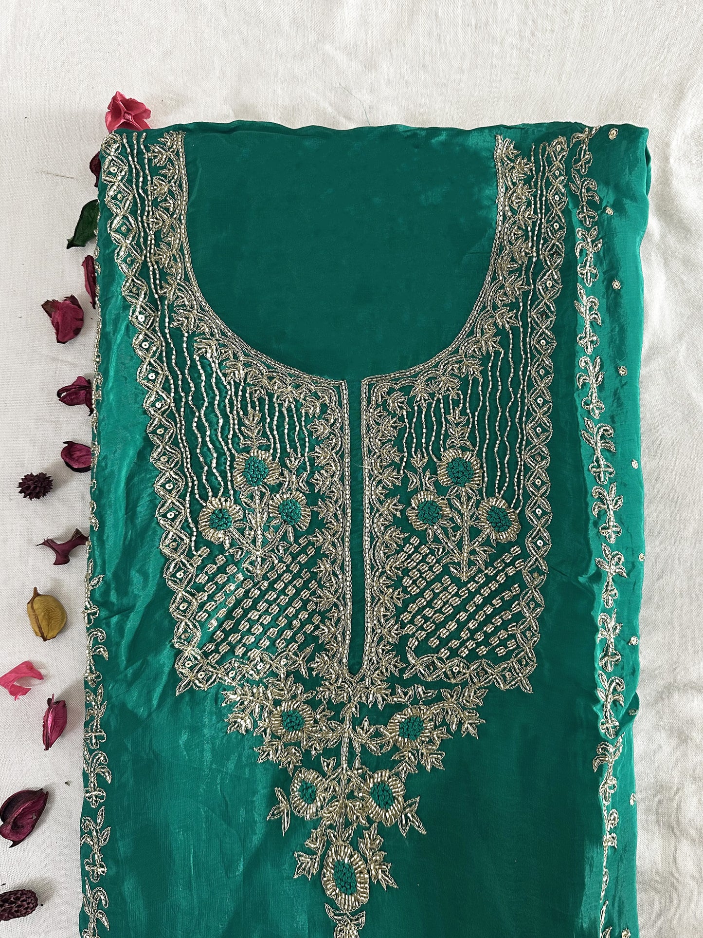 Opada Silk Unstitched Suit Set Green Color