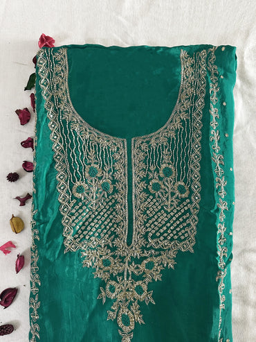 Opada Silk Unstitched Suit Set Green Color