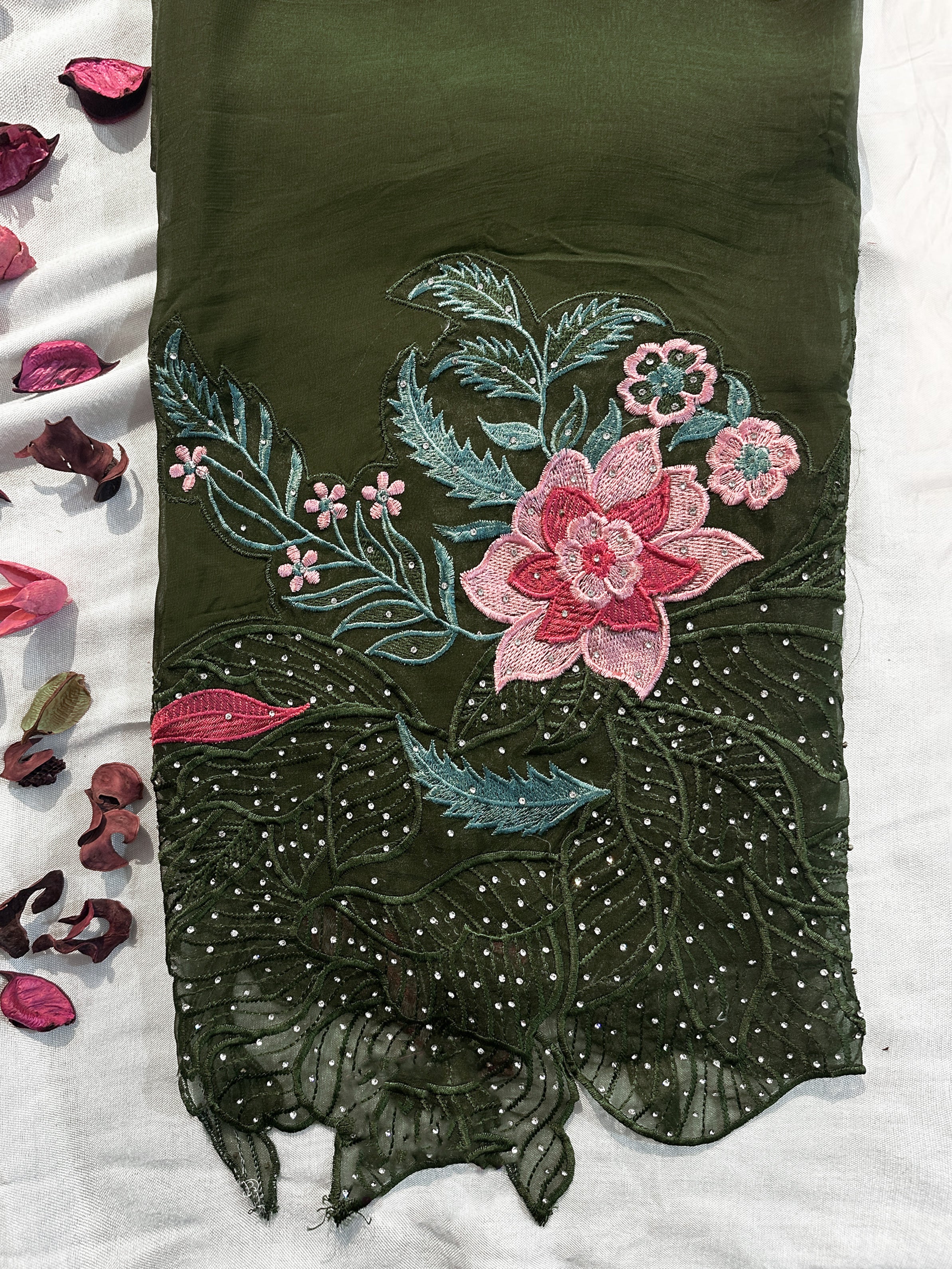 Organza Fabric Unstitched Suit Set Green and Wine